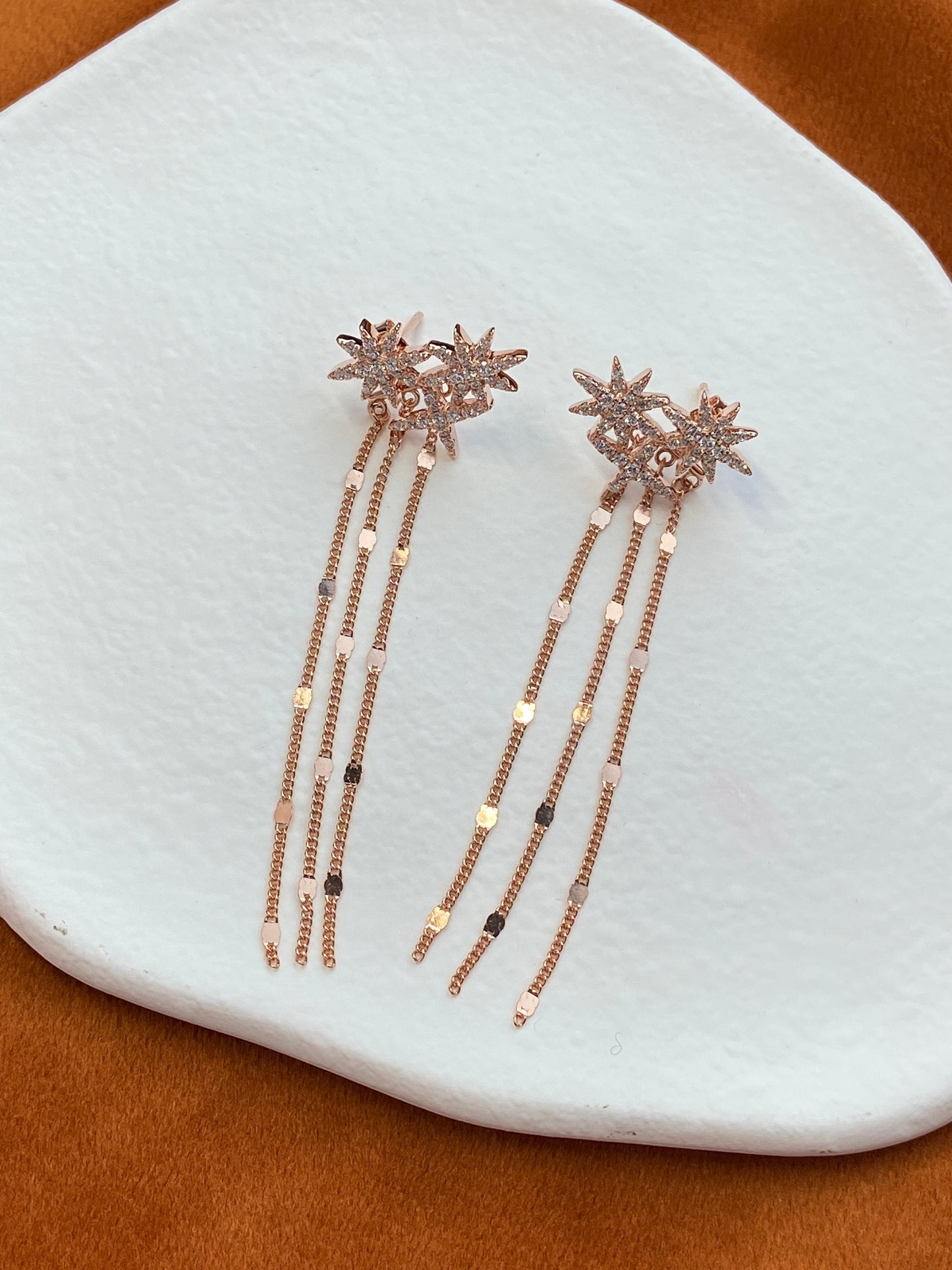 Elegant Shiny Star Chain Tassel Silver Drop Earrings, Dainty Rose Gold Sparkling Star Earrings, 18K Gold Plated 925 Sterling Silver Jewelry