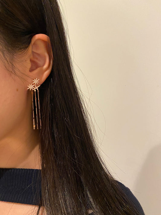 18K Gold Plated 925 Sterling Silver Earrings, Elegant Shiny Star Chain Tassel Silver Drop Jewelry, Dainty Rose Gold Sparkling Star Earrings