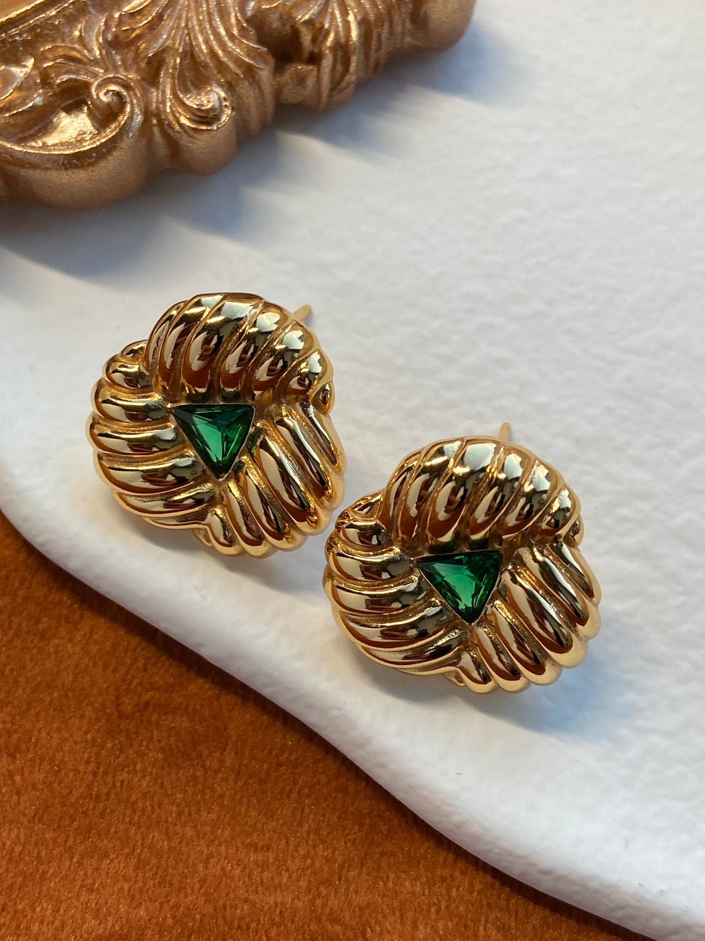 Vintage Style Gold Emerald Stud Earrings