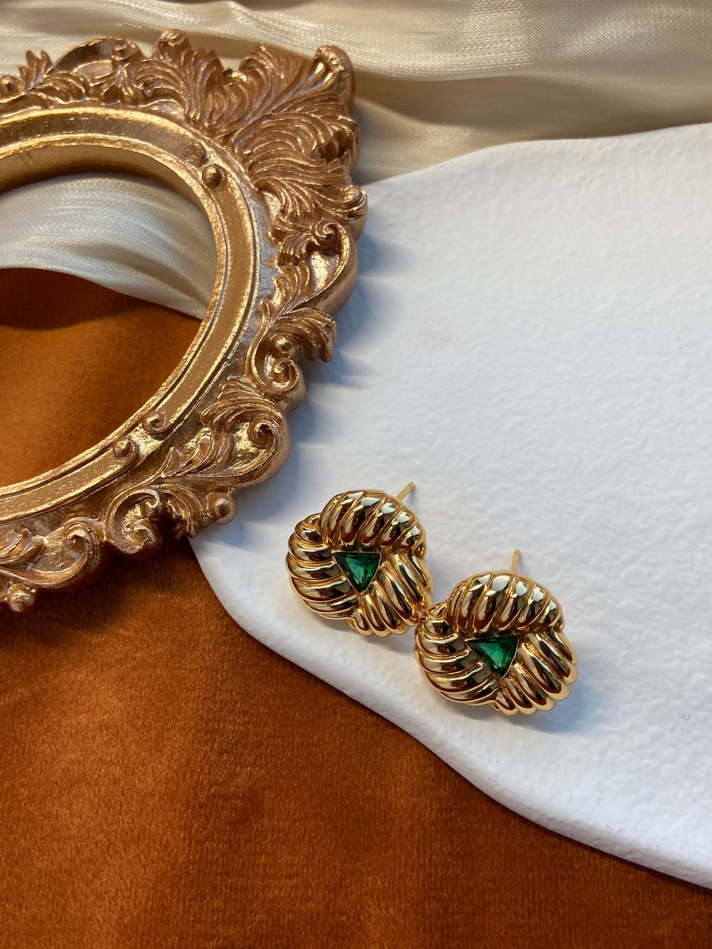 Vintage Style Gold Emerald Stud Earrings