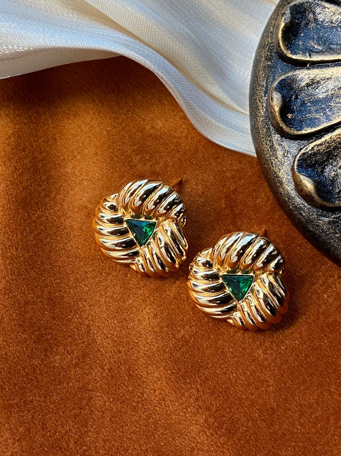 Vintage Style Gold Emerald Stud Earrings
