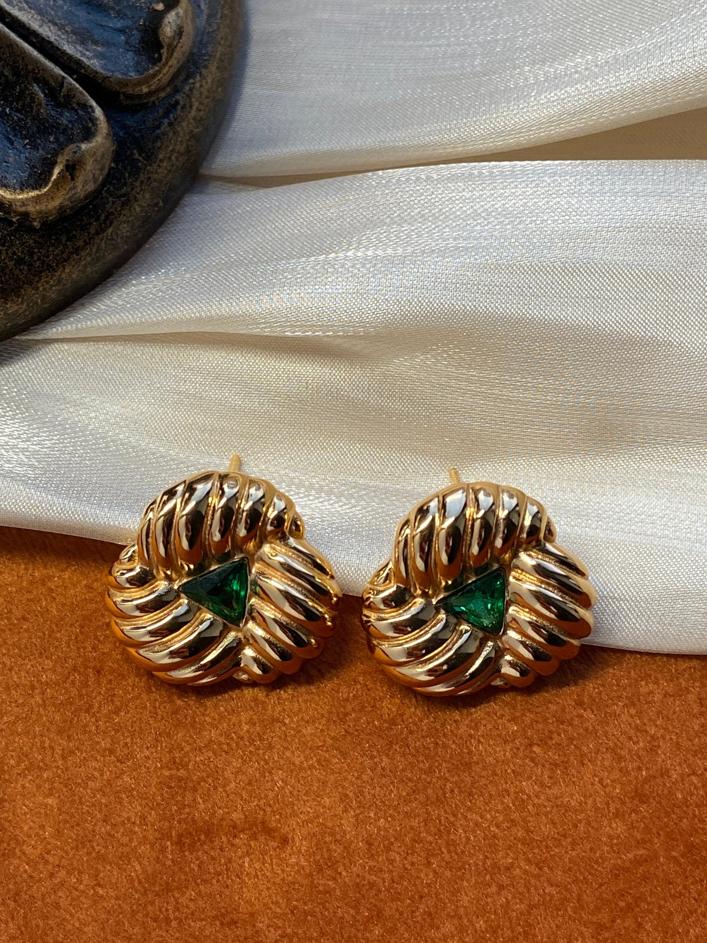 Vintage Style Gold Emerald Stud Earrings