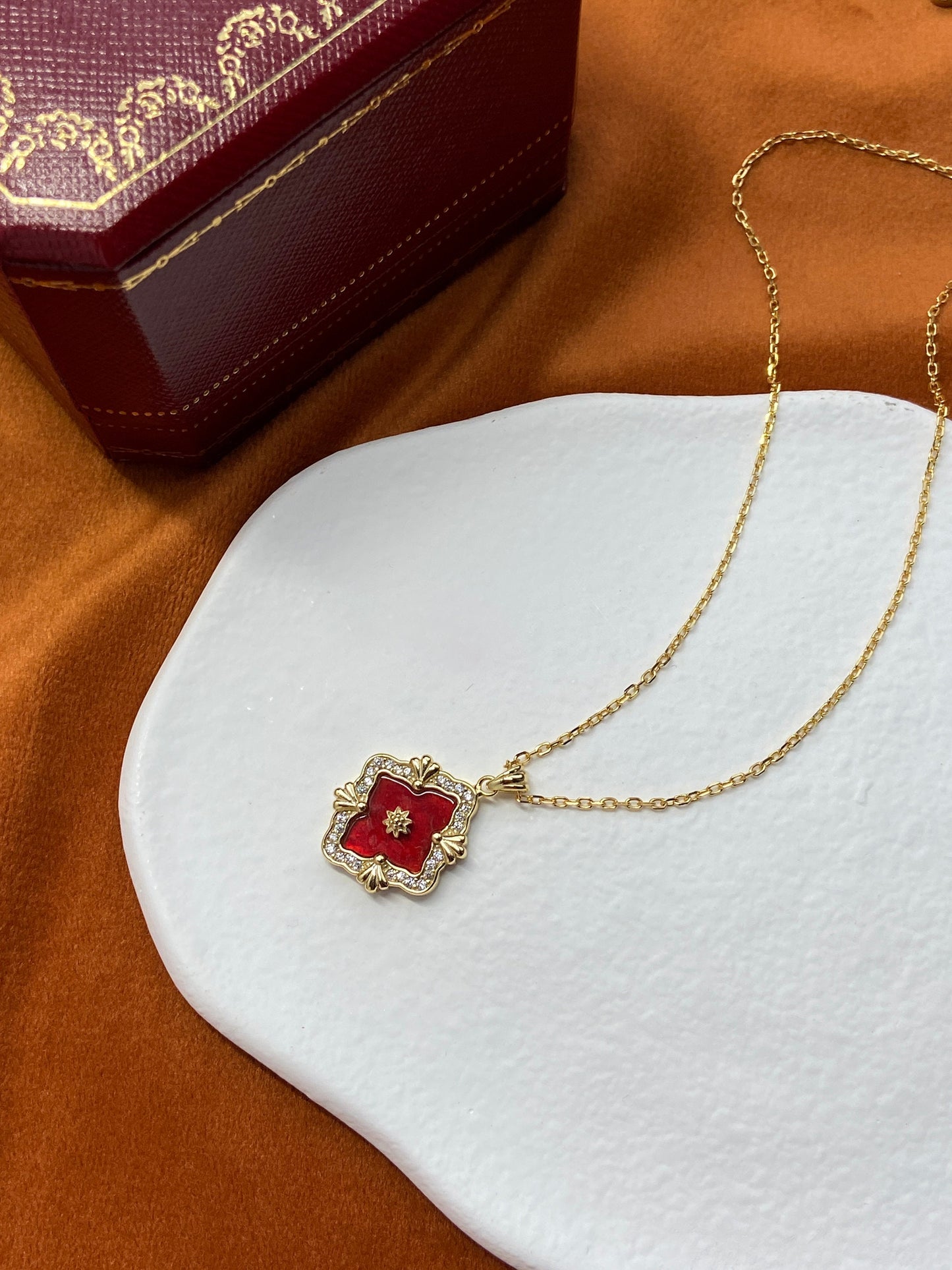 18K Gold Plated 925 Sterling Silver Necklace Carved Red Agate Pendant Necklace