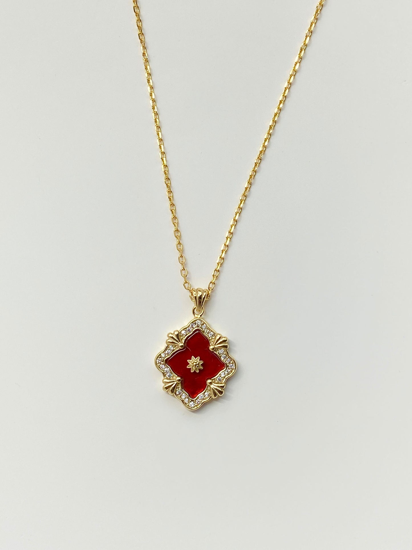 18K Gold Plated 925 Sterling Silver Necklace Carved Red Agate Pendant Necklace