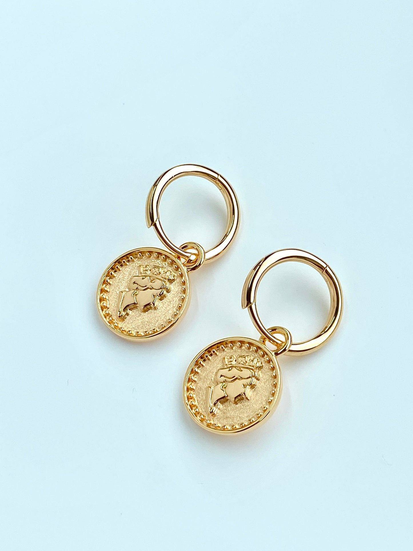 Thick Plating 18K Gold Plated 925 Sterling Silver Earrings, Golden Queens Coin Hoop Earrings, Round Engraved Queens Coin Drop Earrings, Gift