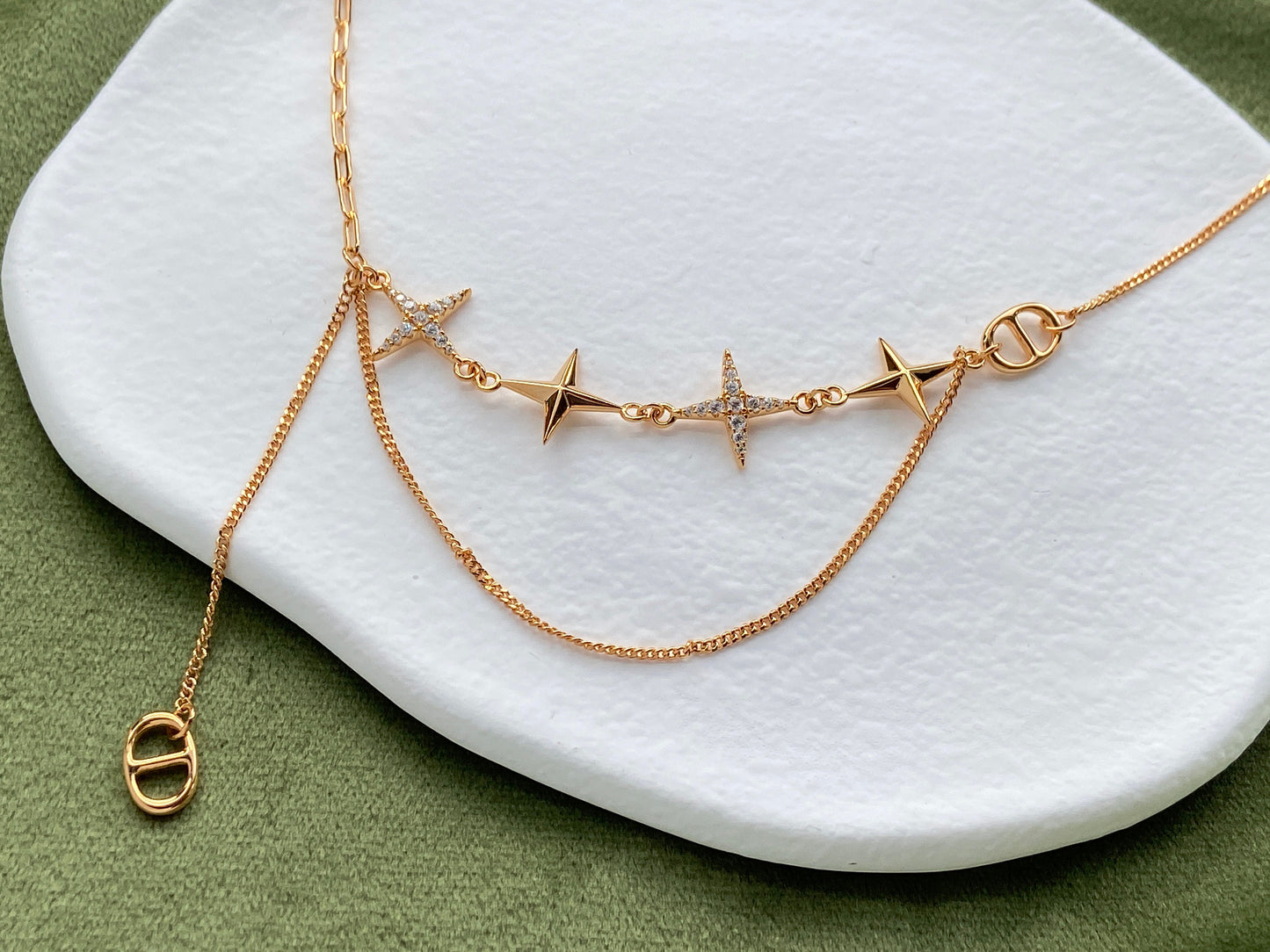 Double Layer Shiny Star Necklace, Golden Chain Necklace, Star Charm Necklace, Thick Plating 18K Gold Plated 925 Sterling Silver Necklace