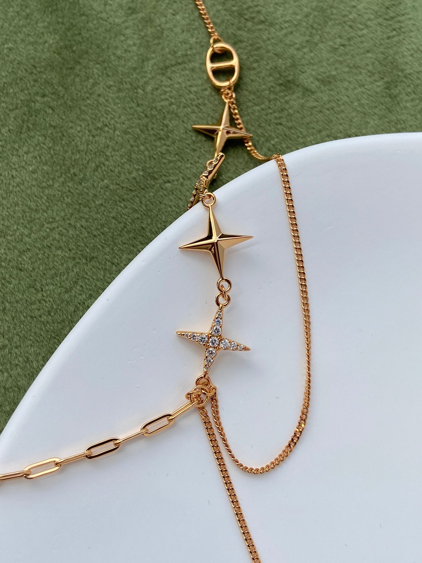 Double Layer Shiny Star Necklace, Golden Chain Necklace, Star Charm Necklace, Thick Plating 18K Gold Plated 925 Sterling Silver Necklace