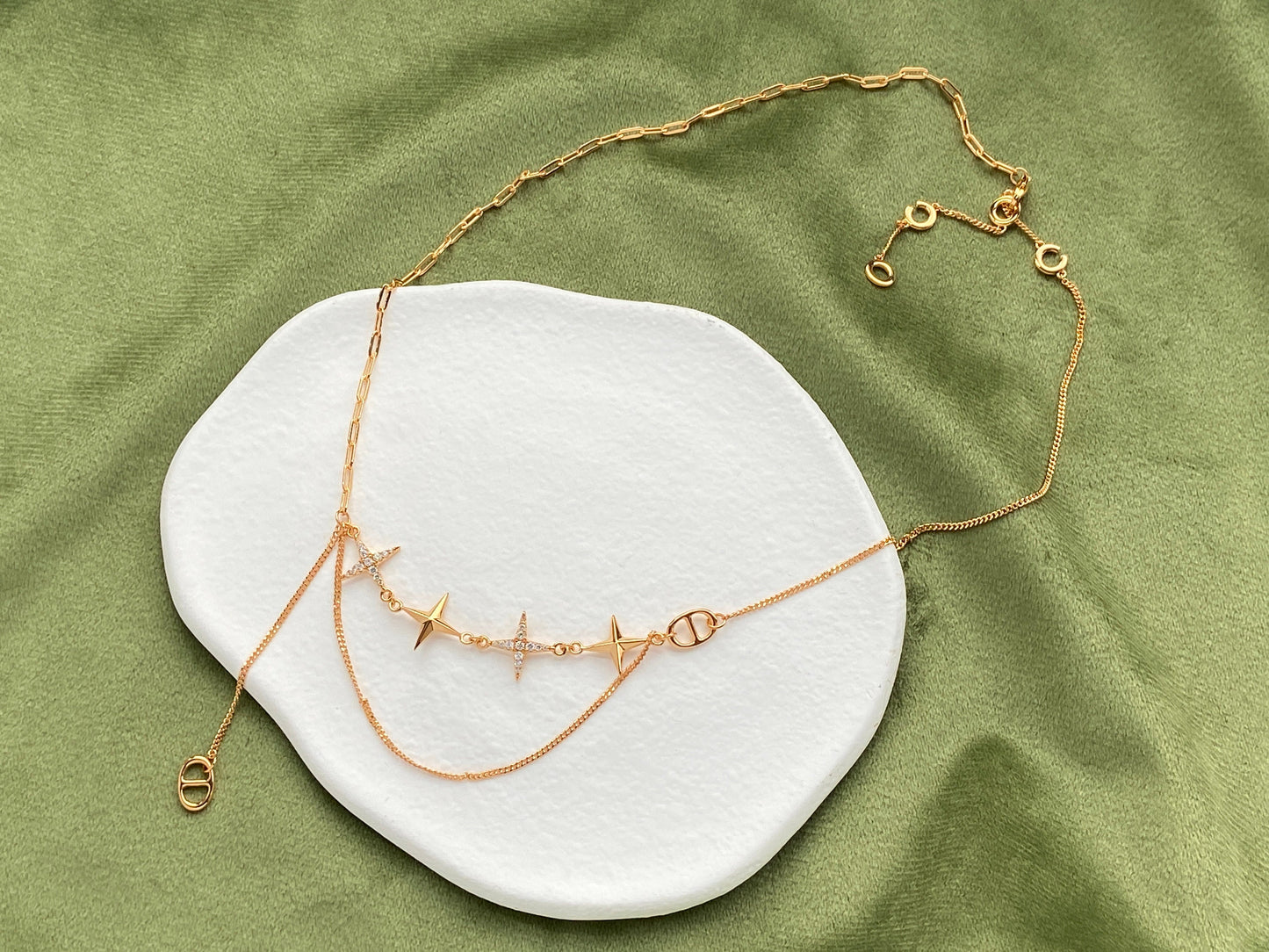 Double Layer Shiny Star Necklace, Golden Chain Necklace, Star Charm Necklace, Thick Plating 18K Gold Plated 925 Sterling Silver Necklace