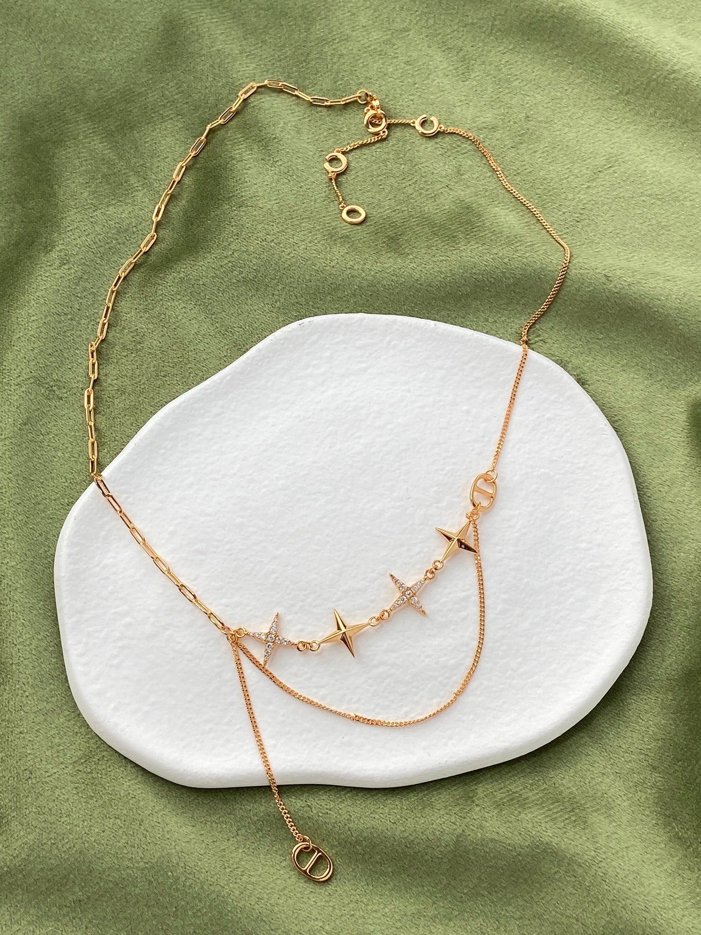 Double Layer Shiny Star Necklace, Golden Chain Necklace, Star Charm Necklace, Thick Plating 18K Gold Plated 925 Sterling Silver Necklace