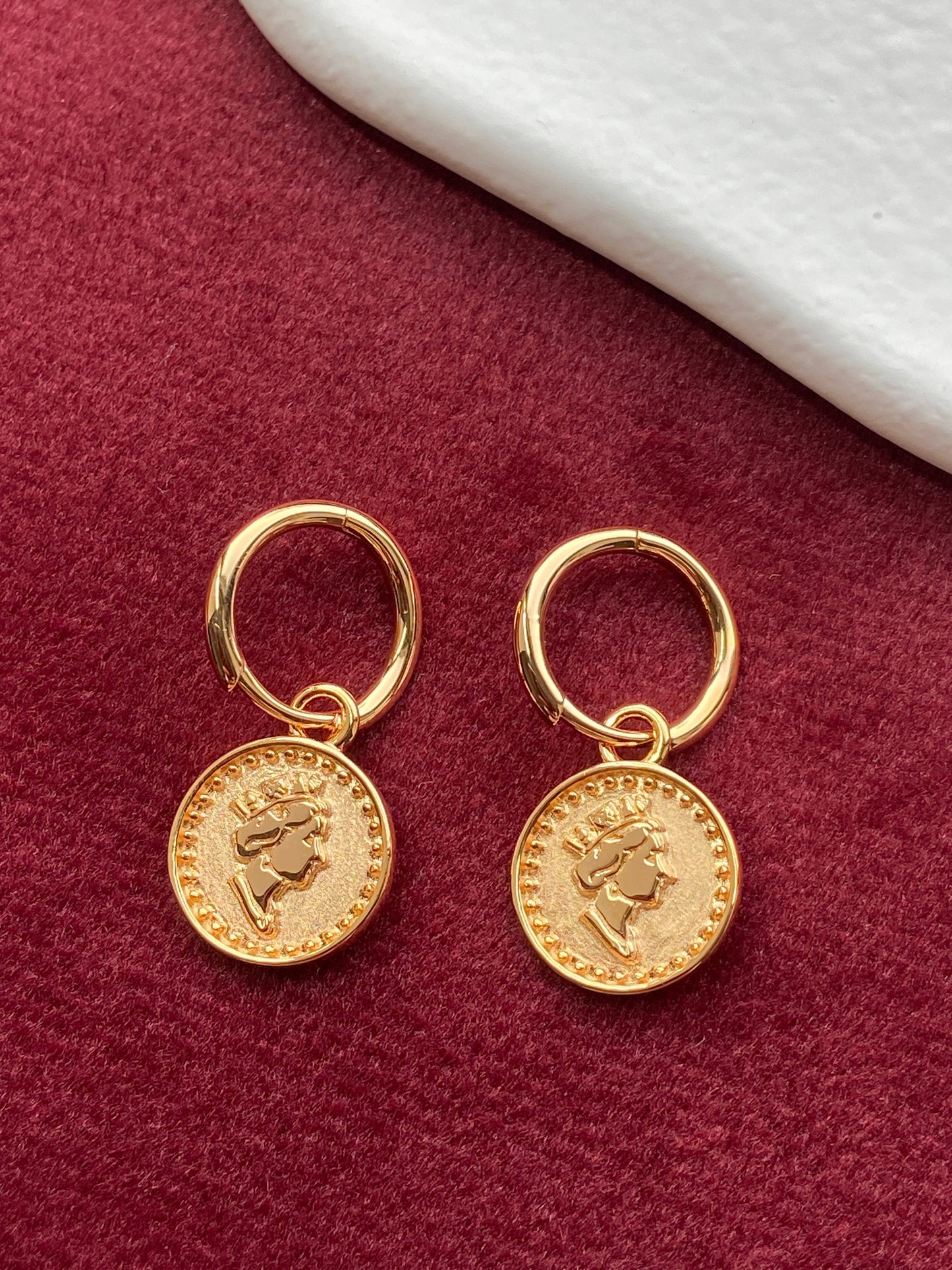 Thick Plating 18K Gold Plated 925 Sterling Silver Earrings, Golden Queens Coin Hoop Earrings, Round Engraved Queens Coin Drop Earrings, Gift