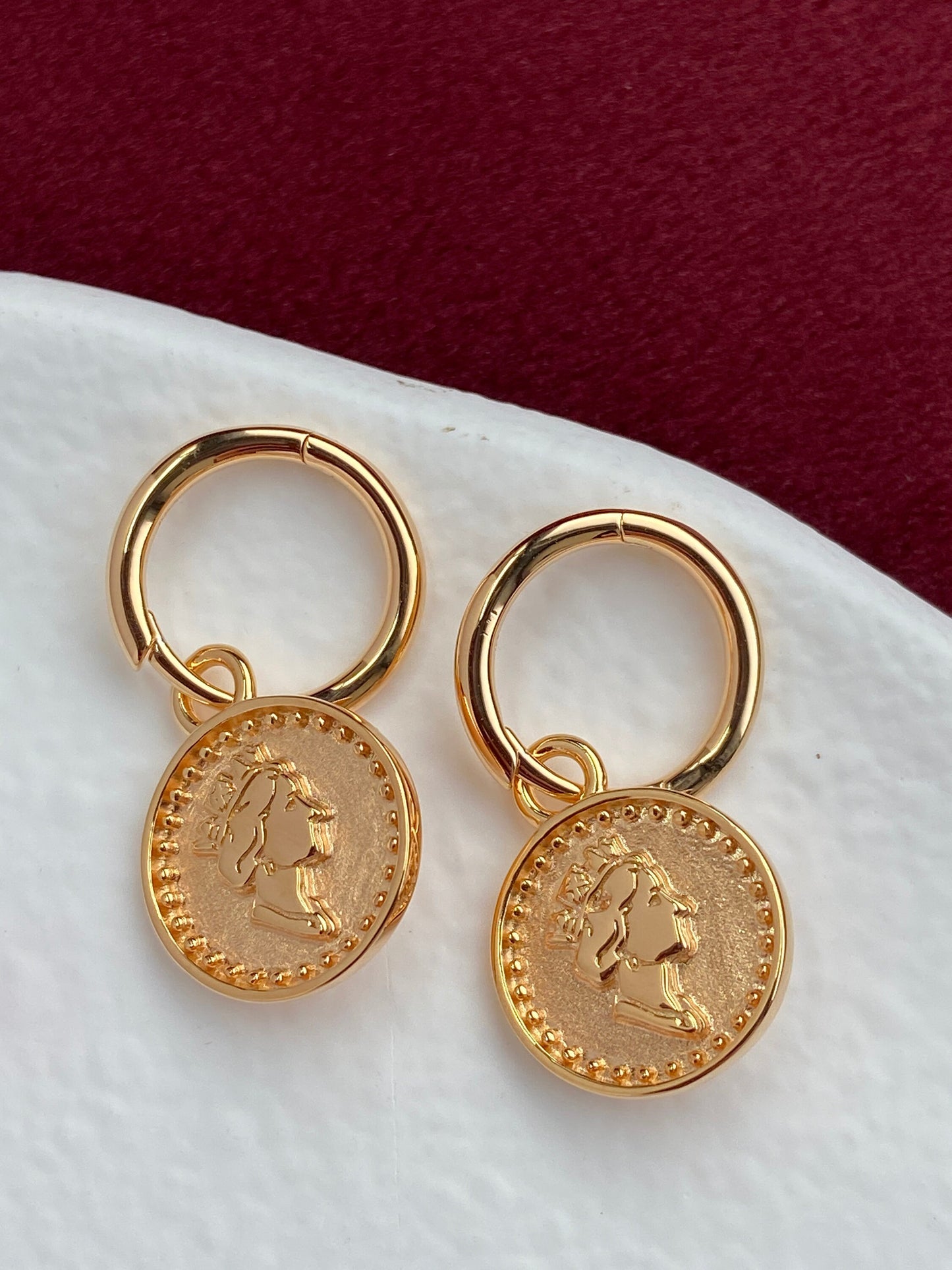 Thick Plating 18K Gold Plated 925 Sterling Silver Earrings, Golden Queens Coin Hoop Earrings, Round Engraved Queens Coin Drop Earrings, Gift