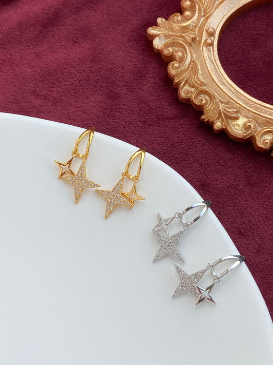 North Star Earrings, Double Star Drop Earrings, Shiny Star Hook Earrings, 14K Gold Plated 925 Sterling Silver Earrings, Star Jewellery Gift