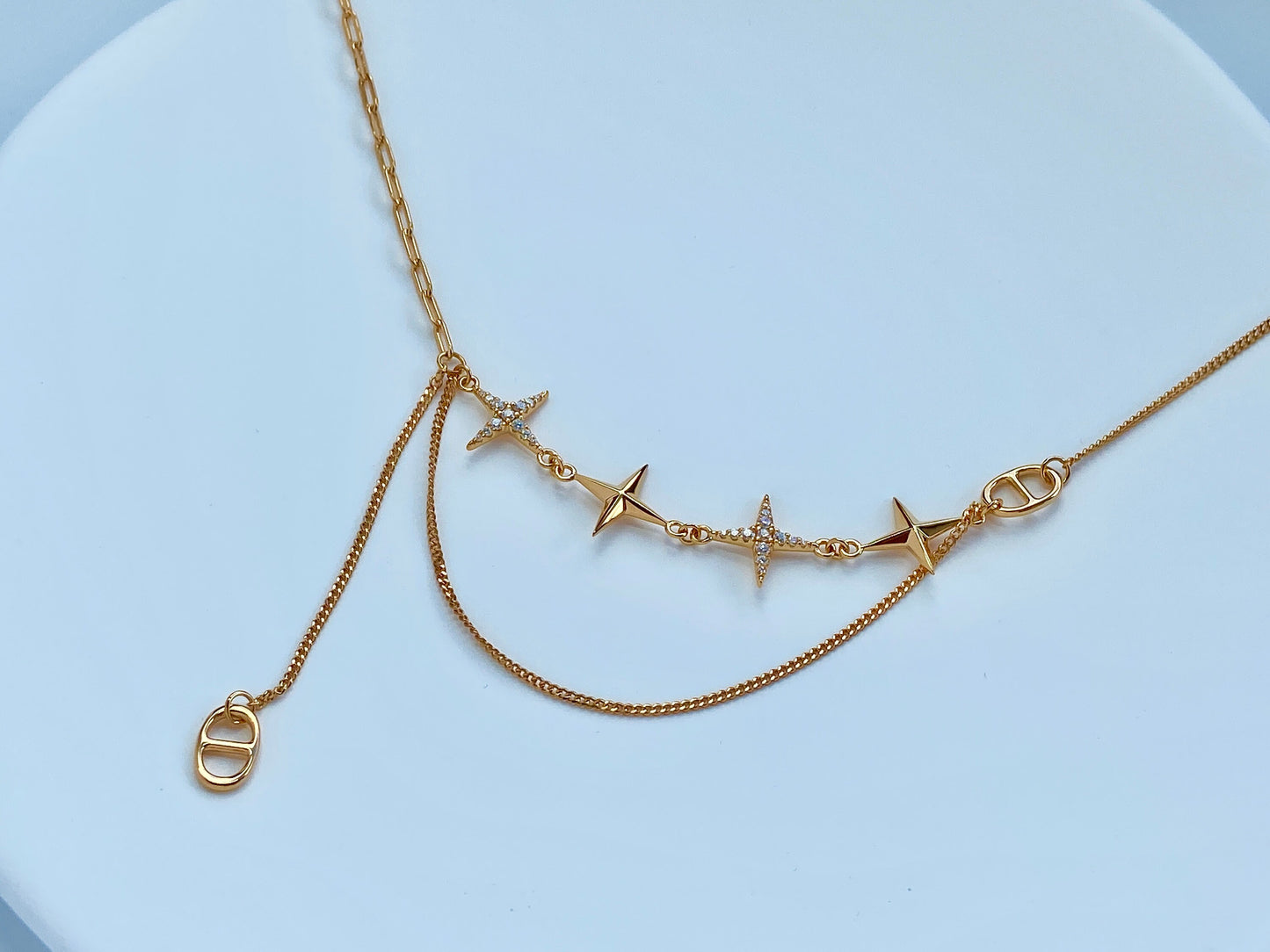 Double Layer Shiny Star Necklace, Golden Chain Necklace, Star Charm Necklace, Thick Plating 18K Gold Plated 925 Sterling Silver Necklace