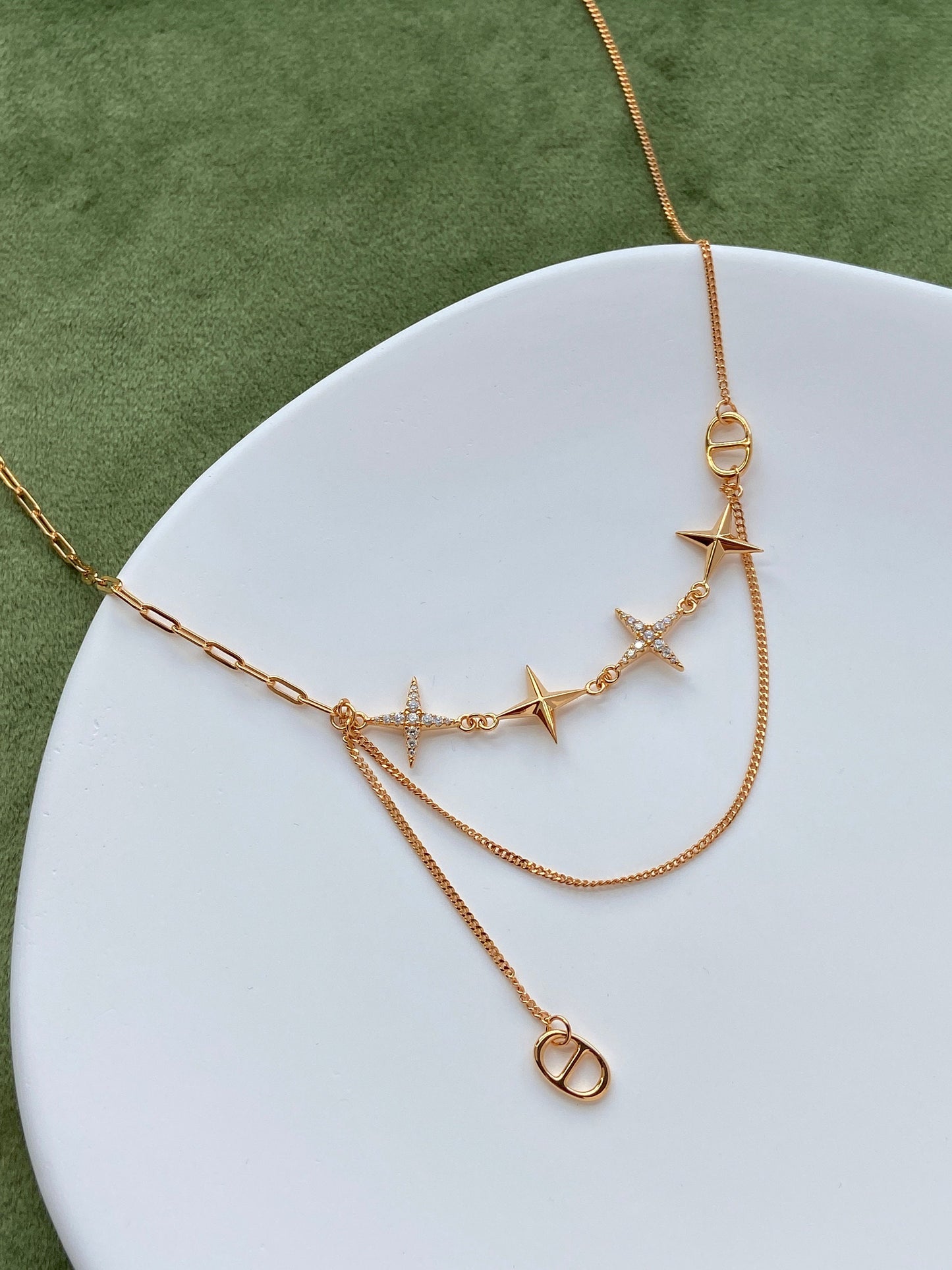 Double Layer Shiny Star Necklace, Golden Chain Necklace, Star Charm Necklace, Thick Plating 18K Gold Plated 925 Sterling Silver Necklace