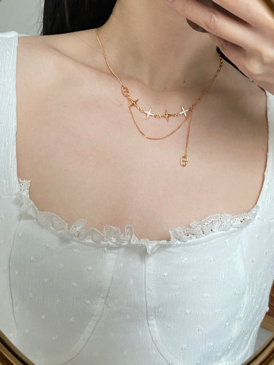 Double Layer Shiny Star Necklace, Golden Chain Necklace, Star Charm Necklace, Thick Plating 18K Gold Plated 925 Sterling Silver Necklace