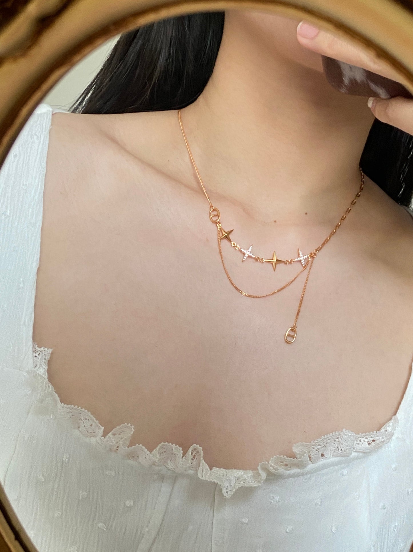 Double Layer Shiny Star Necklace, Golden Chain Necklace, Star Charm Necklace, Thick Plating 18K Gold Plated 925 Sterling Silver Necklace