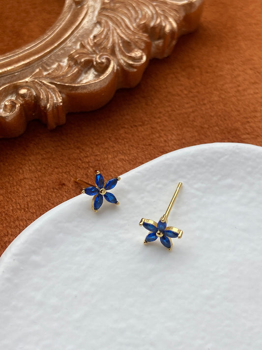 Dainty Blue Flower Earrings, Elegant Cute Five-Petaled Flowers Stud Earrings Jewelry, 14K Gold Plated 925 Sterling Silver Earrings Jewellery