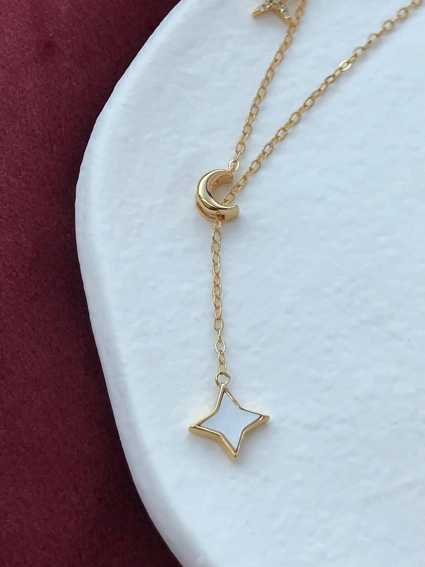 Silver Shiny Star Moon Clavicle Necklace, Golden North Star Pendant Jewellery, Gold Chain Y Shaped Lariat Necklace, Dainty Crescent Jewelry