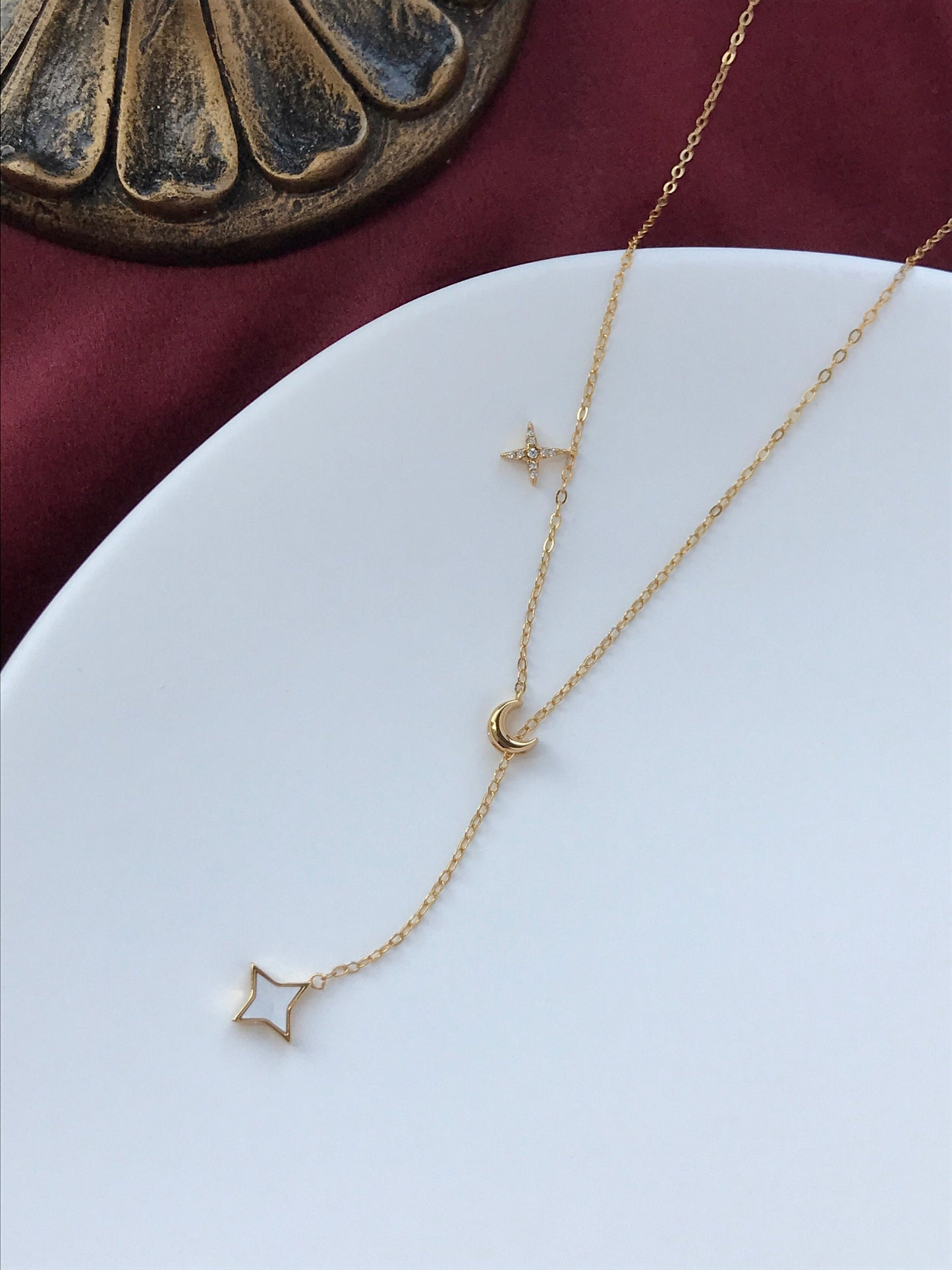 Silver Shiny Star Moon Clavicle Necklace, Golden North Star Pendant Jewellery, Gold Chain Y Shaped Lariat Necklace, Dainty Crescent Jewelry