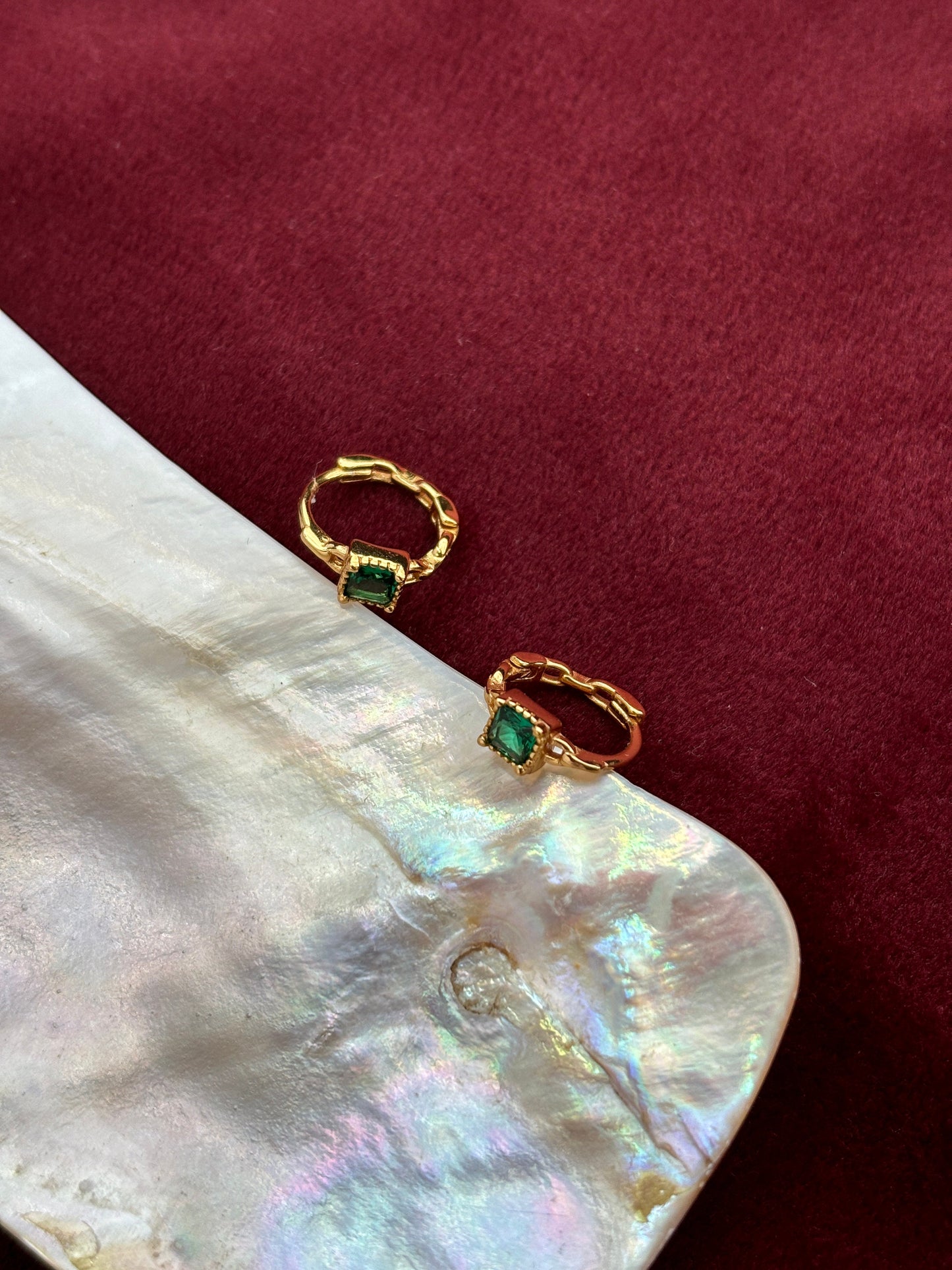 Dainty Silver Emerald Earrings, Green Stone Huggie Jewelry, Green Zircon Golden Hoop, 18K Gold Plated 925 Sterling Silver Jewellery