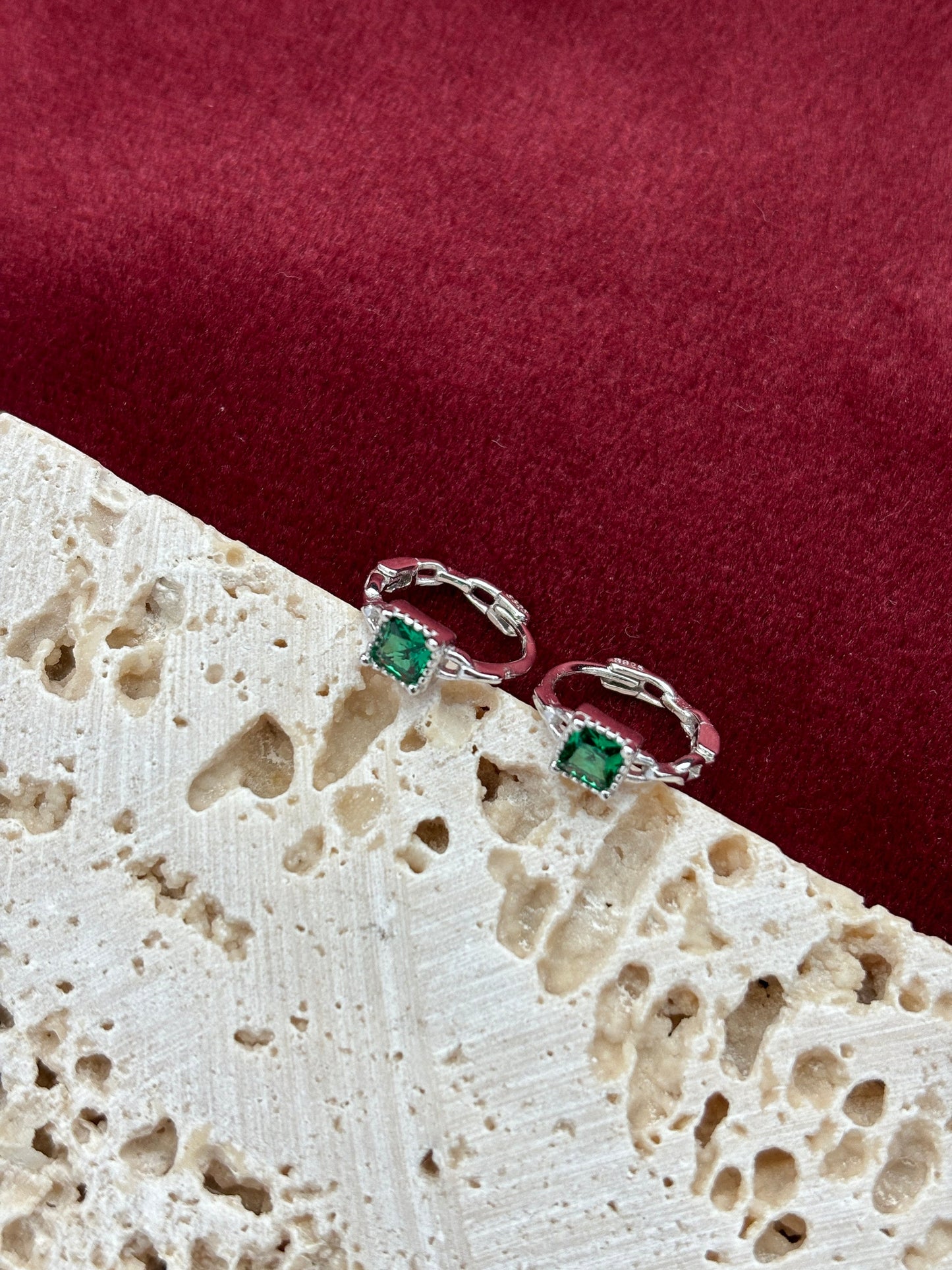 Dainty Silver Emerald Earrings, Green Stone Huggie Jewelry, Green Zircon Golden Hoop, 18K Gold Plated 925 Sterling Silver Jewellery