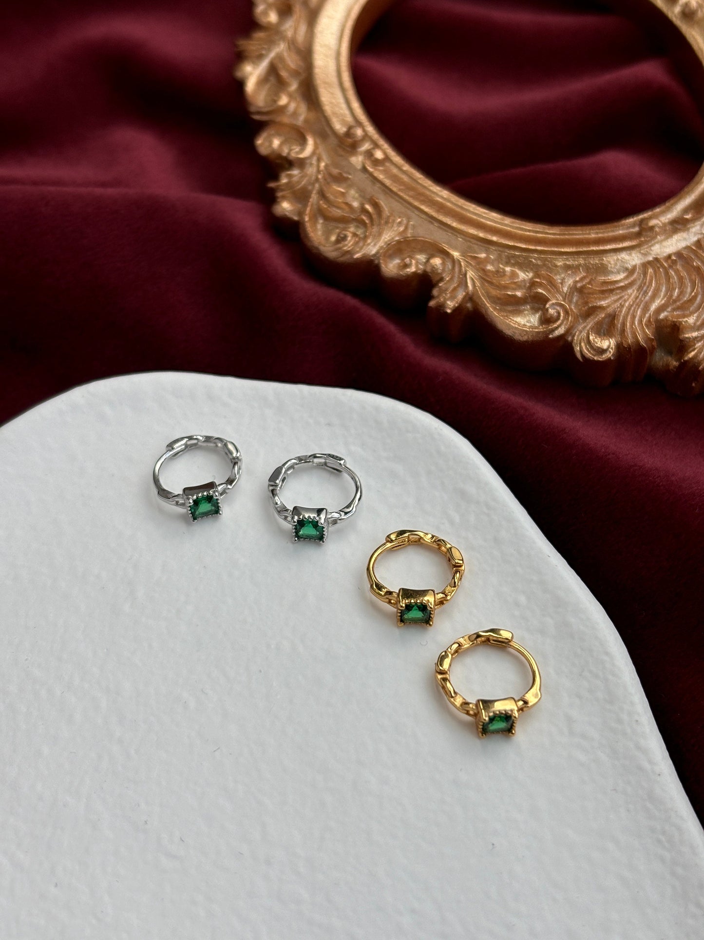 Dainty Silver Emerald Earrings, Green Stone Huggie Jewelry, Green Zircon Golden Hoop, 18K Gold Plated 925 Sterling Silver Jewellery