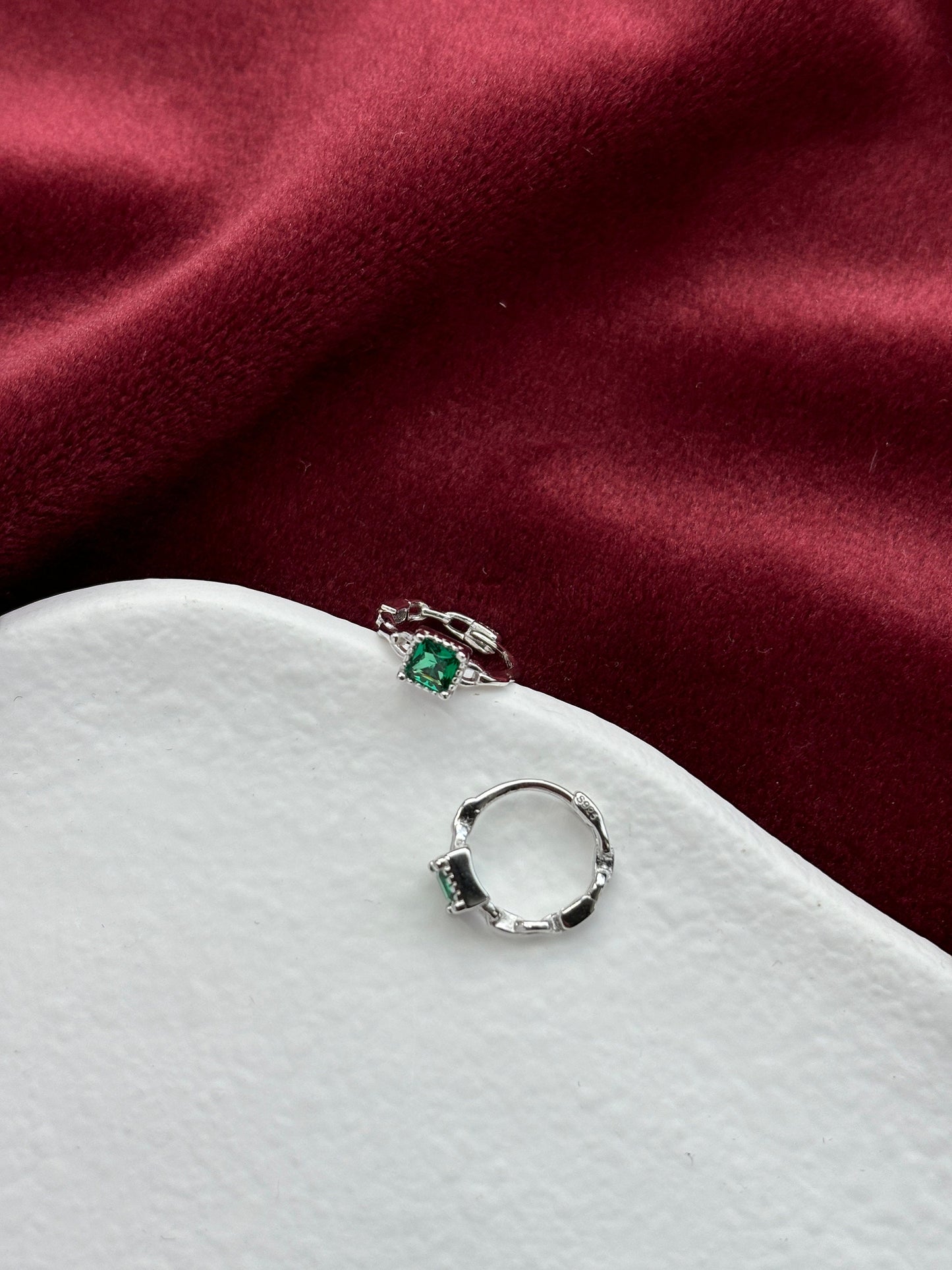 Dainty Silver Emerald Earrings, Green Stone Huggie Jewelry, Green Zircon Golden Hoop, 18K Gold Plated 925 Sterling Silver Jewellery