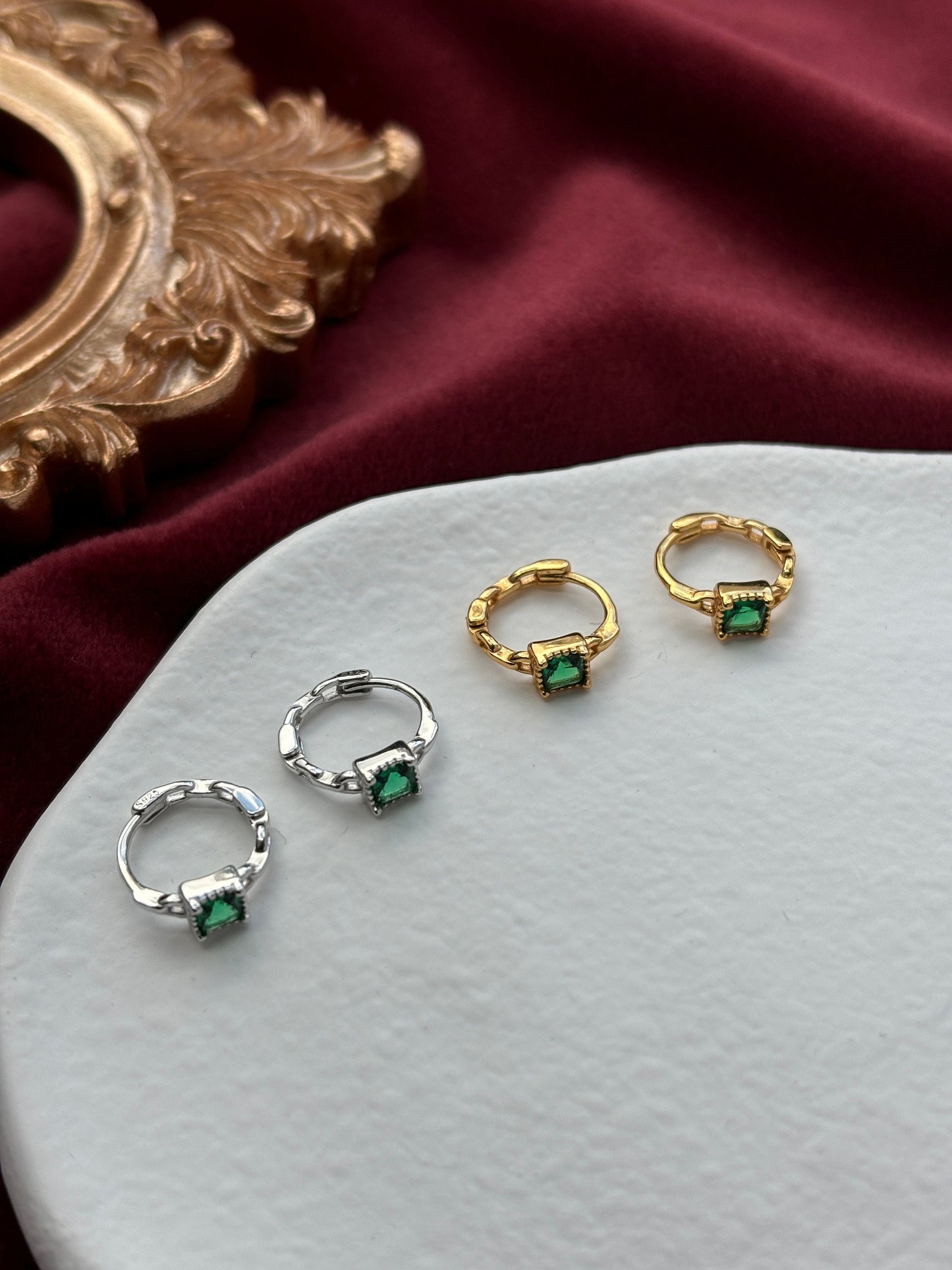Dainty Silver Emerald Earrings, Green Stone Huggie Jewelry, Green Zircon Golden Hoop, 18K Gold Plated 925 Sterling Silver Jewellery
