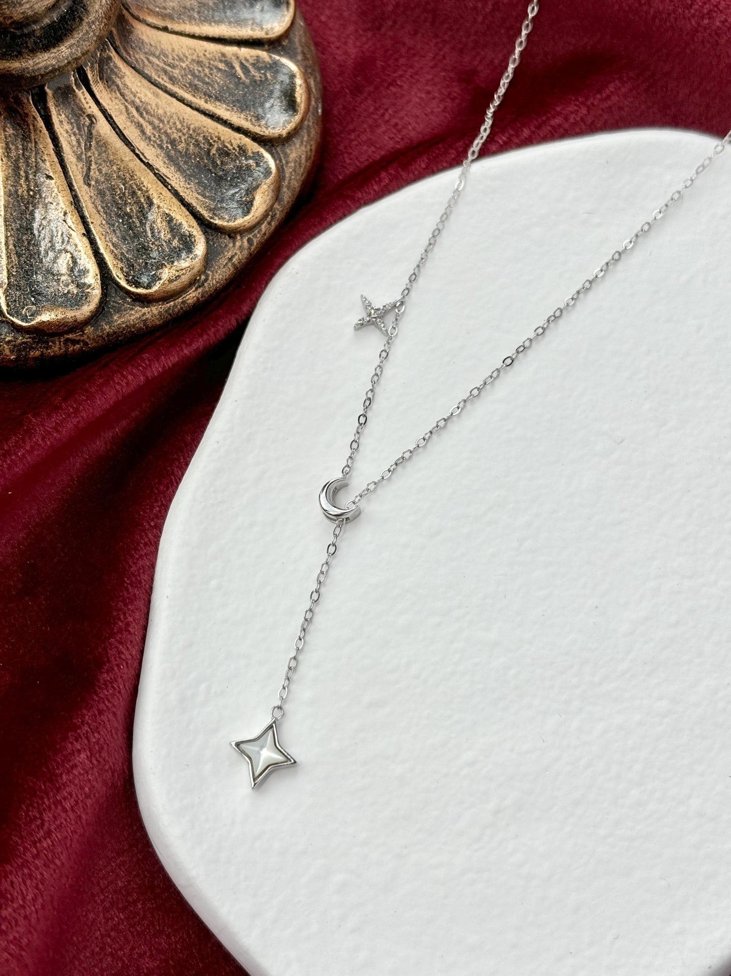 Silver Shiny Star Moon Clavicle Necklace, Golden North Star Pendant Jewellery, Gold Chain Y Shaped Lariat Necklace, Dainty Crescent Jewelry