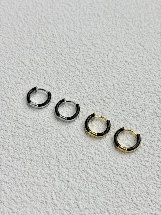 Black Circle Hoop Earrings, Golden Dainty Huggie, Silver Minimalist Daily Basic Jewelry, Everyday Gold Plated 925 Sterling Silver Jewellery