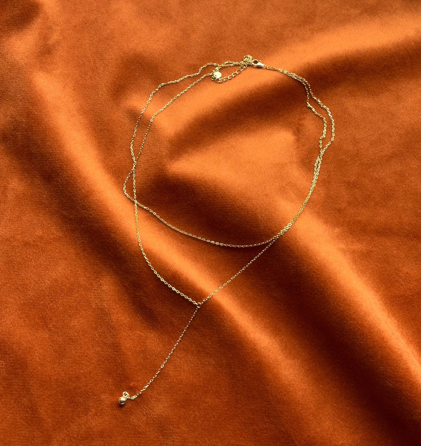 Golden Chain Y Shaped Lariat Necklace, Gold Plated Sterling Silver Shiny Clavicle Necklace, Bead Pendant Jewellery, Dainty Elegant Jewelry