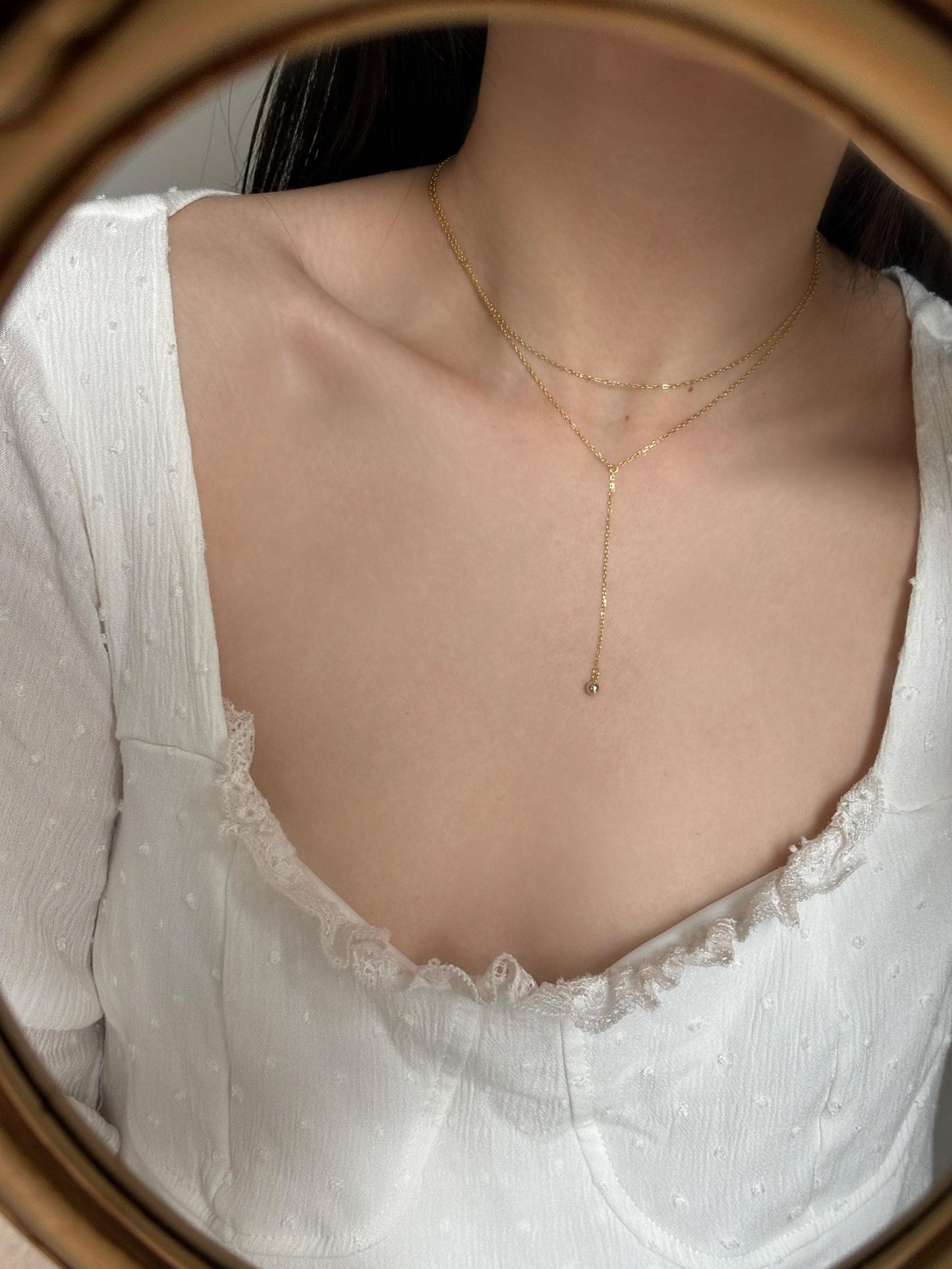 Golden Chain Y Shaped Lariat Necklace, Gold Plated Sterling Silver Shiny Clavicle Necklace, Bead Pendant Jewellery, Dainty Elegant Jewelry