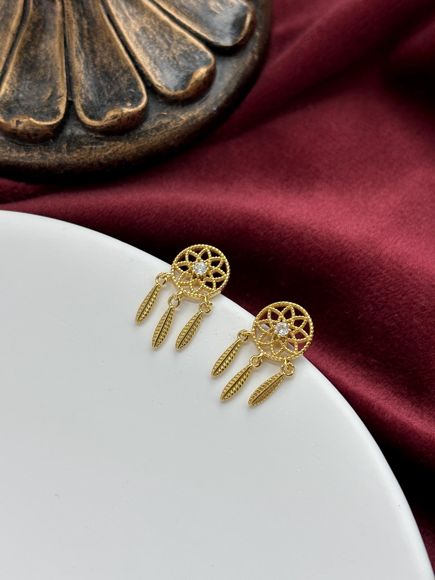 Dream Catcher Dangle Earrings, Golden Dreamcatcher Drop Earrings, Dainty Shiny Sparkling Jewelry, Gold Plated 925 Sterling Silver Jewellery