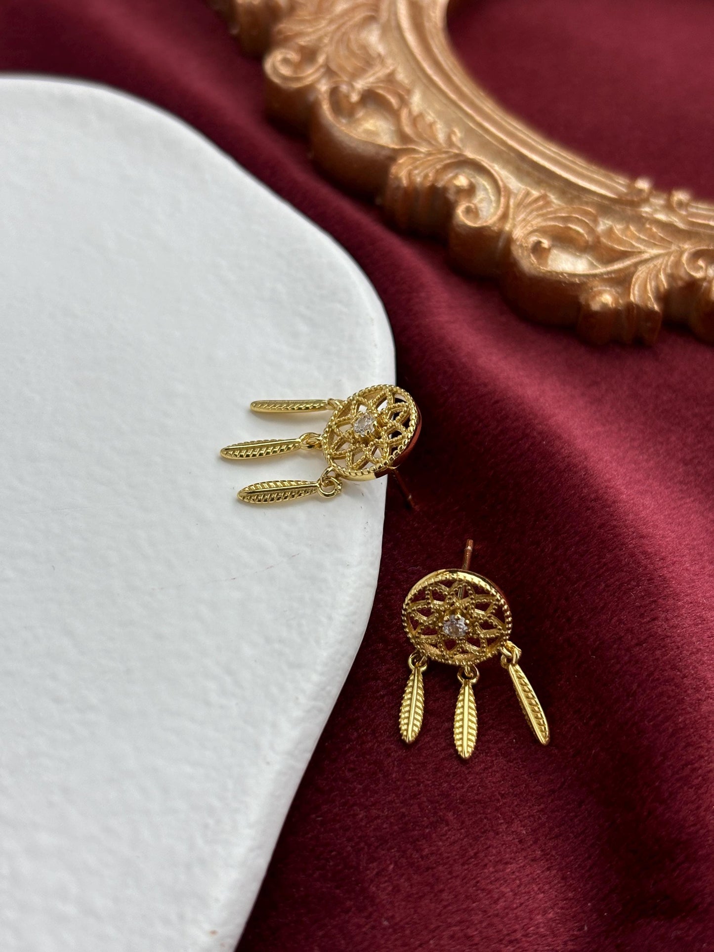 Dream Catcher Dangle Earrings, Golden Dreamcatcher Drop Earrings, Dainty Shiny Sparkling Jewelry, Gold Plated 925 Sterling Silver Jewellery