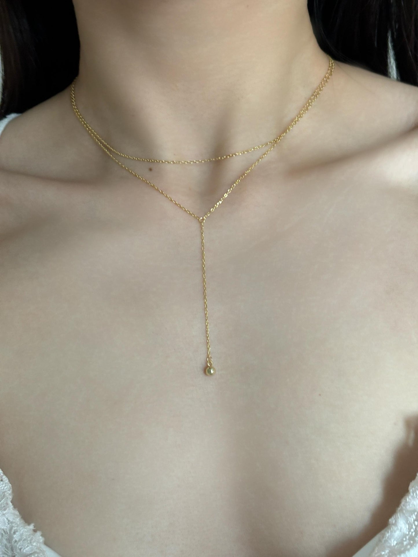 Golden Chain Y Shaped Lariat Necklace, Gold Plated Sterling Silver Shiny Clavicle Necklace, Bead Pendant Jewellery, Dainty Elegant Jewelry