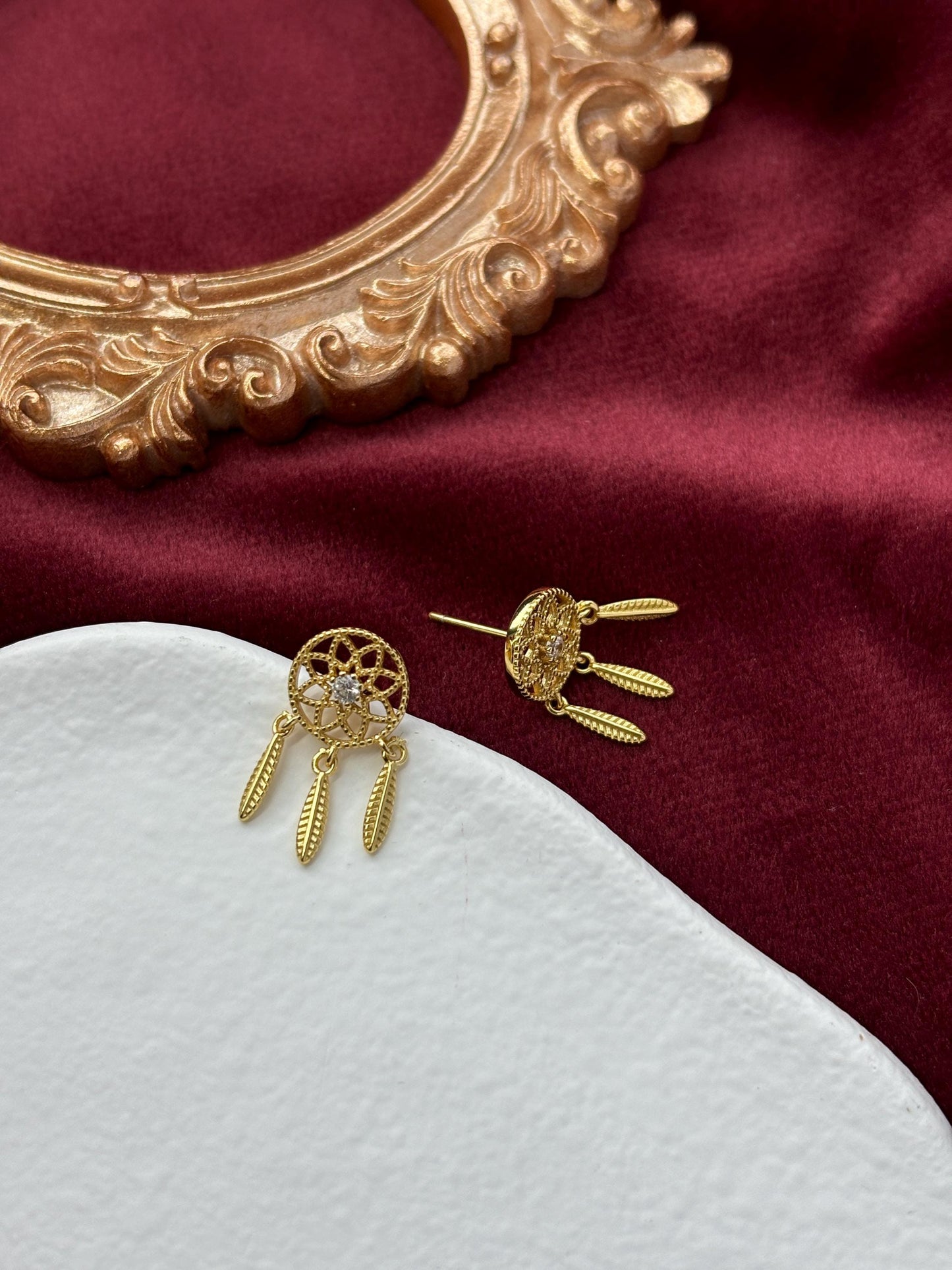 Dream Catcher Dangle Earrings, Golden Dreamcatcher Drop Earrings, Dainty Shiny Sparkling Jewelry, Gold Plated 925 Sterling Silver Jewellery