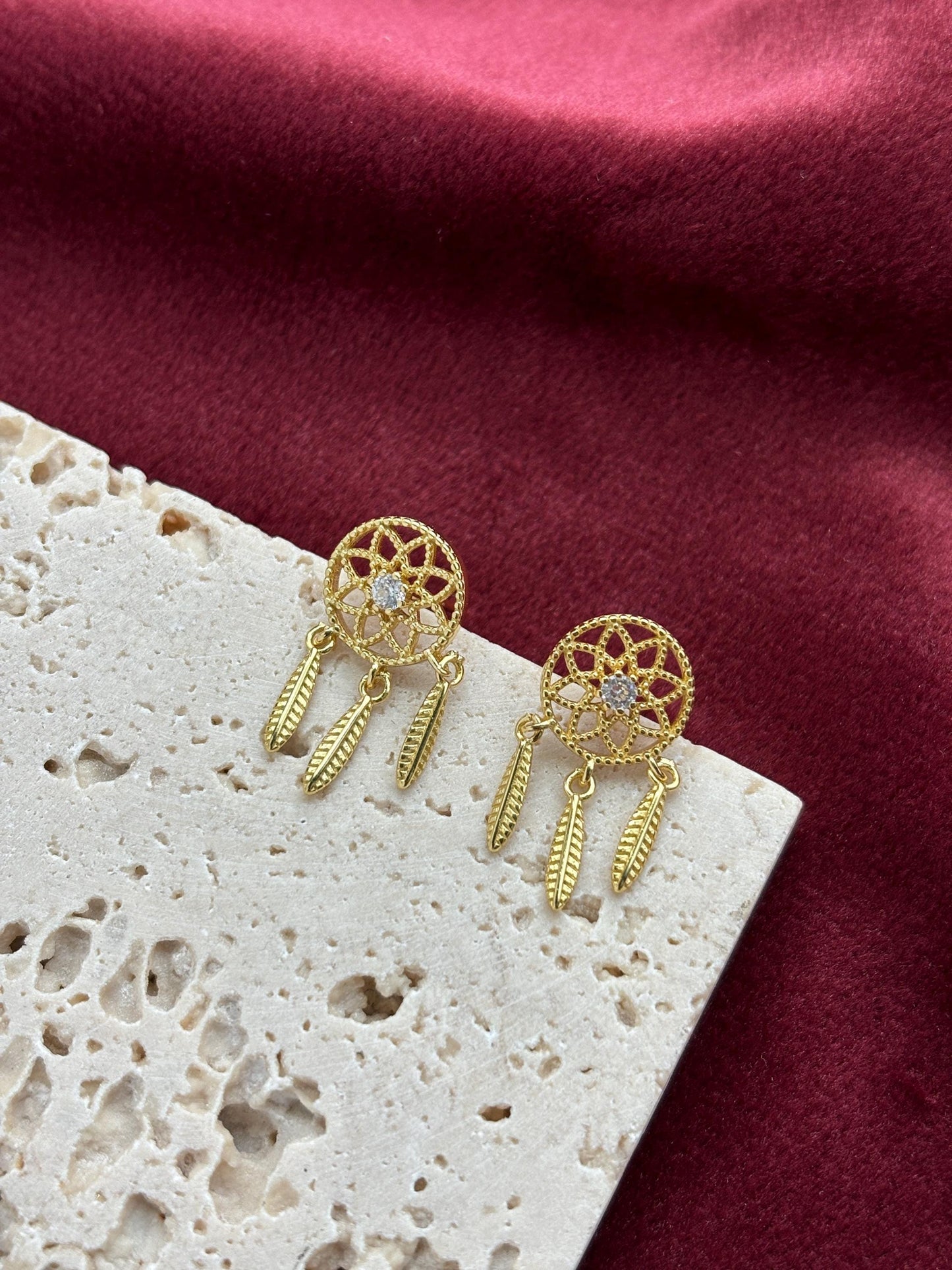 Dream Catcher Dangle Earrings, Golden Dreamcatcher Drop Earrings, Dainty Shiny Sparkling Jewelry, Gold Plated 925 Sterling Silver Jewellery