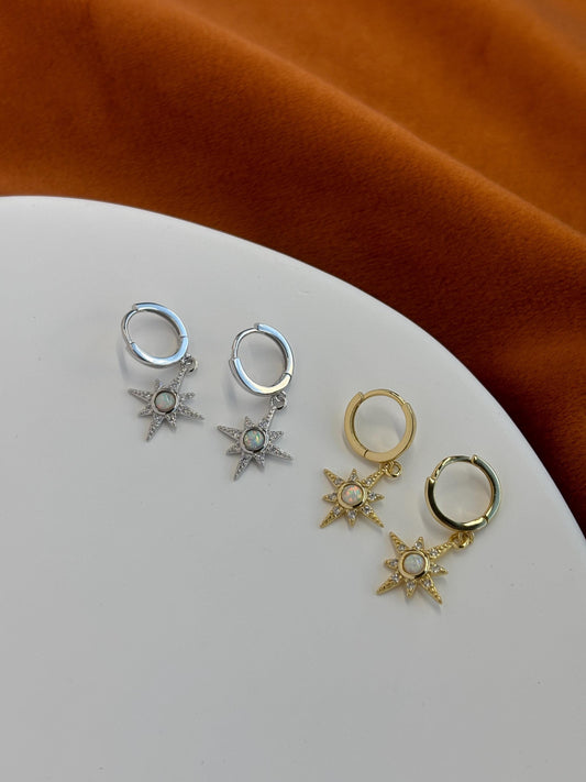 Shiny North Star Opal Hoops, Silver Celestial Drop Dangle Earrings, Vintage Style Star Jewelry, Dainty Gold Plated Sterling Silver Jewellery