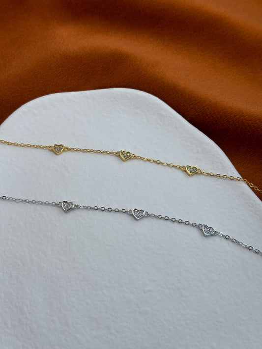 Heart Shaped Bracelet, Silver Charm Bracelet, Golden Thin Chain Love Bracelet, Gold Plated Sterling Silver Jewellery, Dainty Elegant Jewelry
