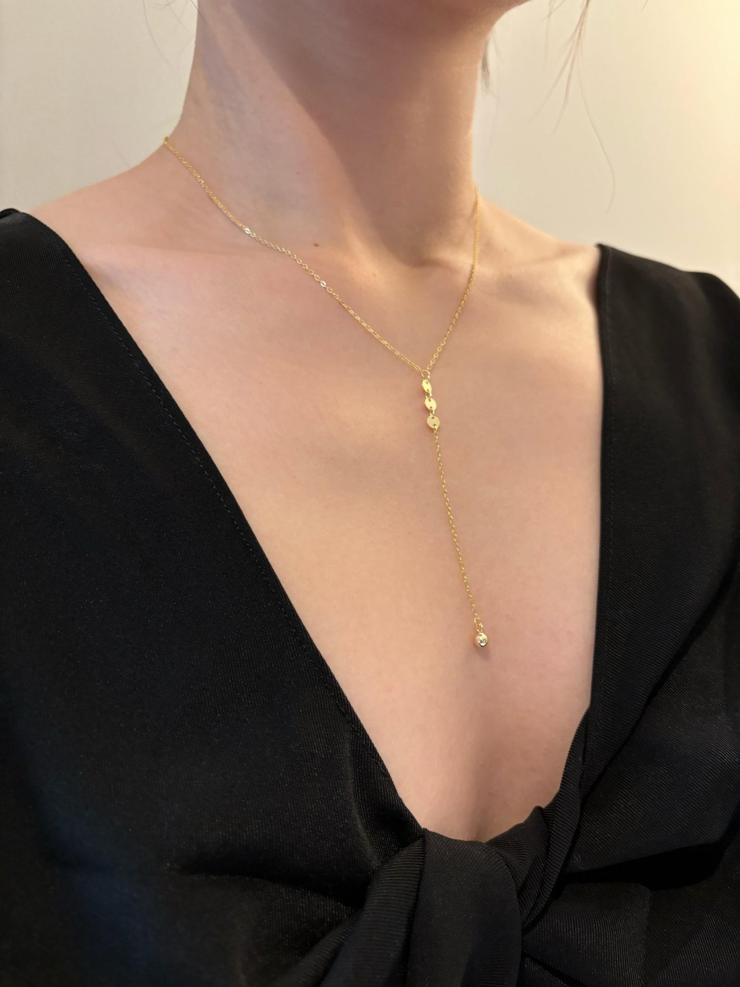 Dainty Golden Chain Y Shaped Lariat Necklace, Gold Plated Sterling Silver Clavicle Necklace Jewelry, Gold Sequin Bead Pendant Jewellery
