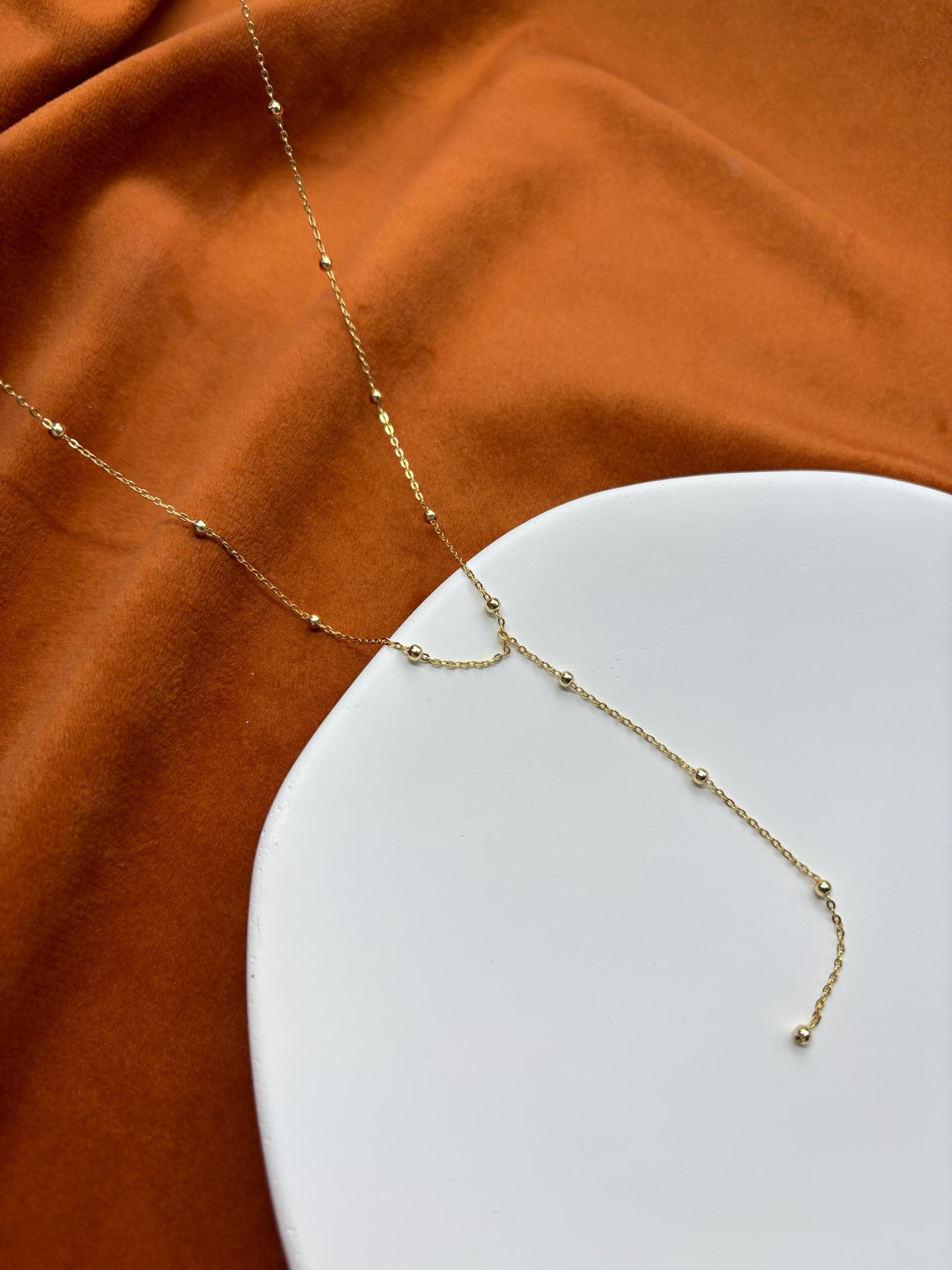 Dainty Beaded Golden Chain Y Shaped Lariat Necklace, Gold Plated Sterling Silver Clavicle Necklace Jewelry, Elegant Bead Pendant Jewellery