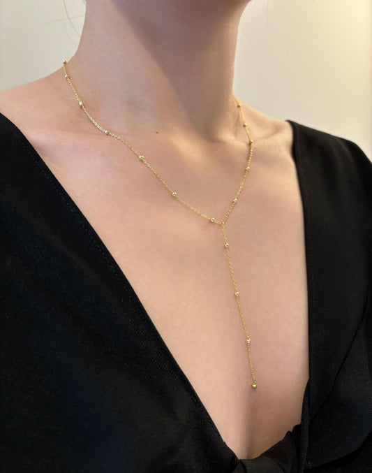 Dainty Beaded Golden Chain Y Shaped Lariat Necklace, Gold Plated Sterling Silver Clavicle Necklace Jewelry, Elegant Bead Pendant Jewellery