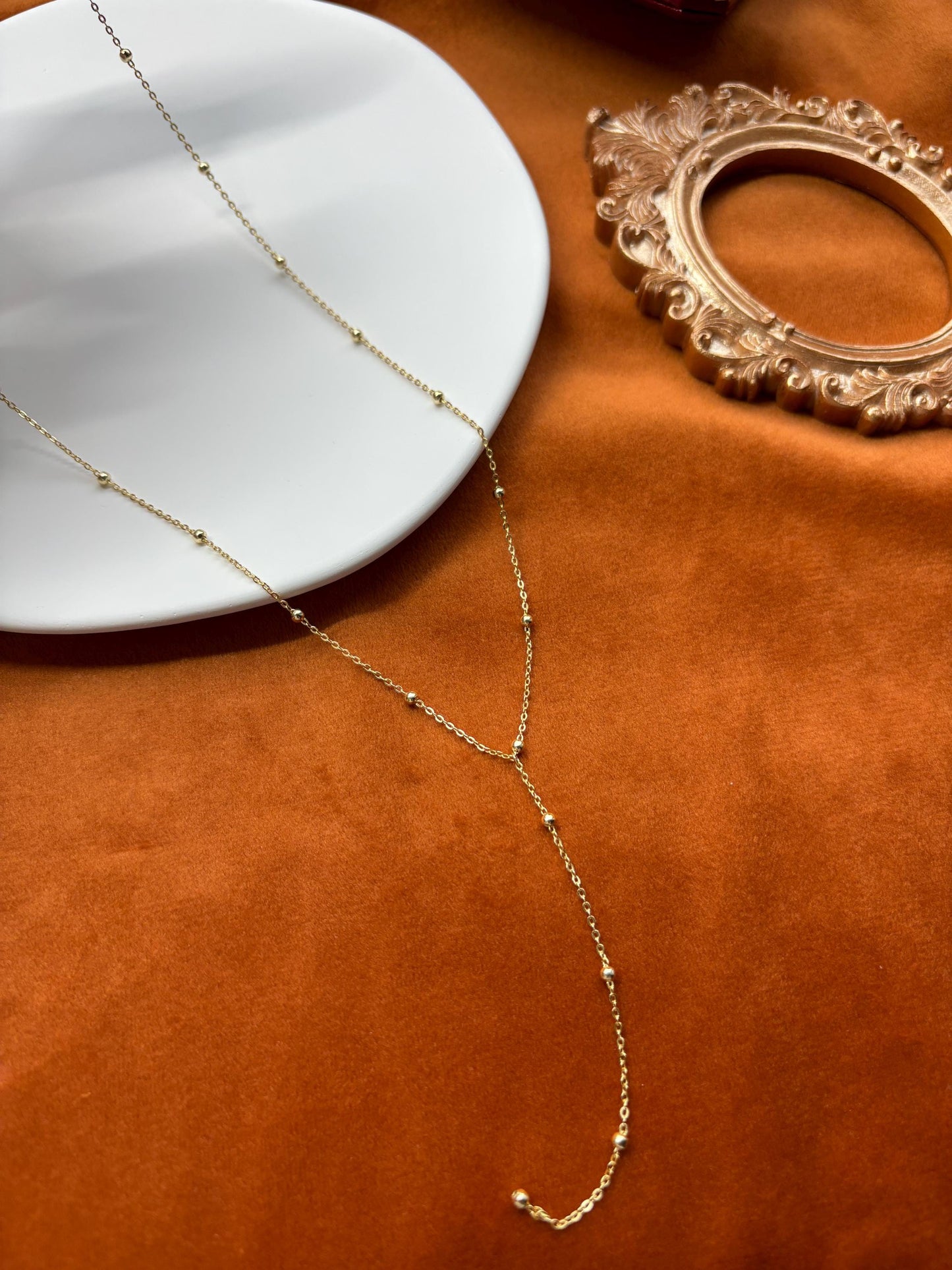 Dainty Beaded Golden Chain Y Shaped Lariat Necklace, Gold Plated Sterling Silver Clavicle Necklace Jewelry, Elegant Bead Pendant Jewellery