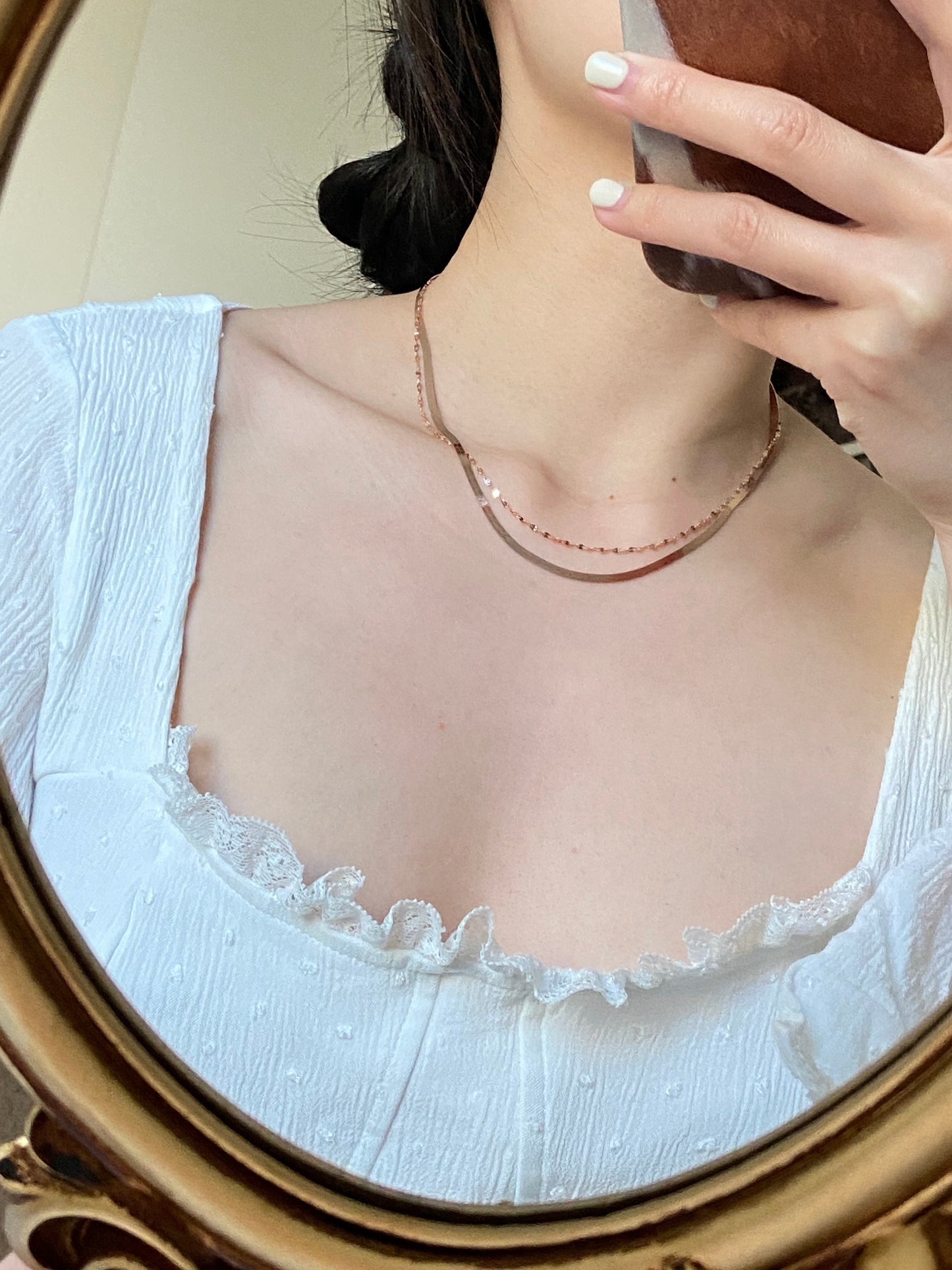 Dainty Rose Gold Double Layer Snake Bone Necklace, 18K Gold Plated 925 Sterling Silver Beaded Chain Necklace