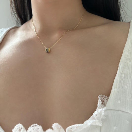 18K Gold Plated 925 Sterling Silver Black and Gold Striped Circle Pendant Necklace