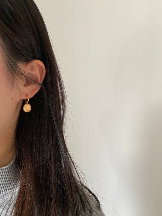 Thick Plating 18K Gold Plated 925 Sterling Silver Earrings, Golden Queens Coin Hoop Earrings, Round Engraved Queens Coin Drop Earrings, Gift