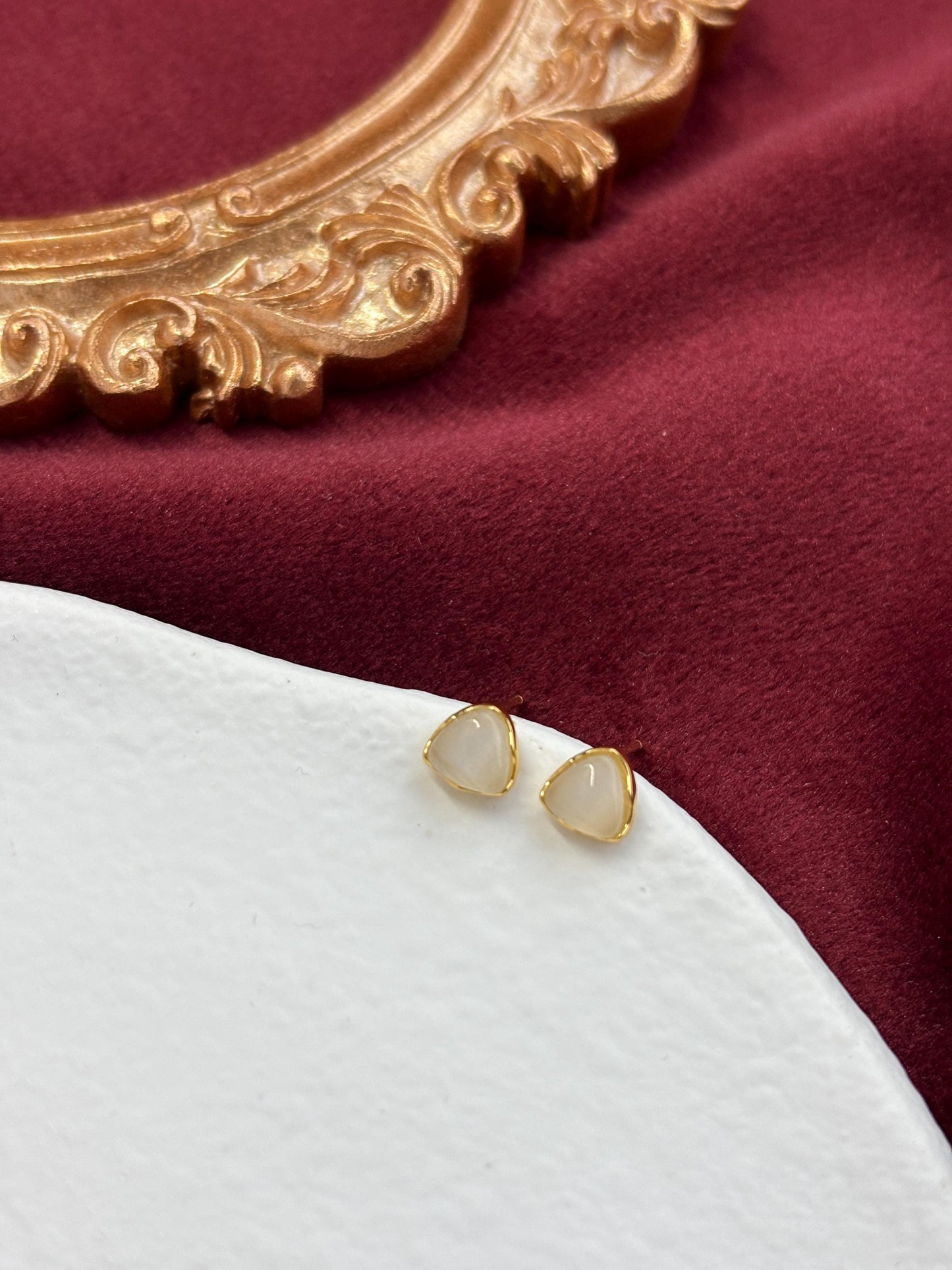 Dainty Opal Triangle Stud Earrings, Golden Quartz Cat's-eye Geometric Studs, 14K Gold Plated 925 Sterling Silver Jewellery, Daily Jewelry