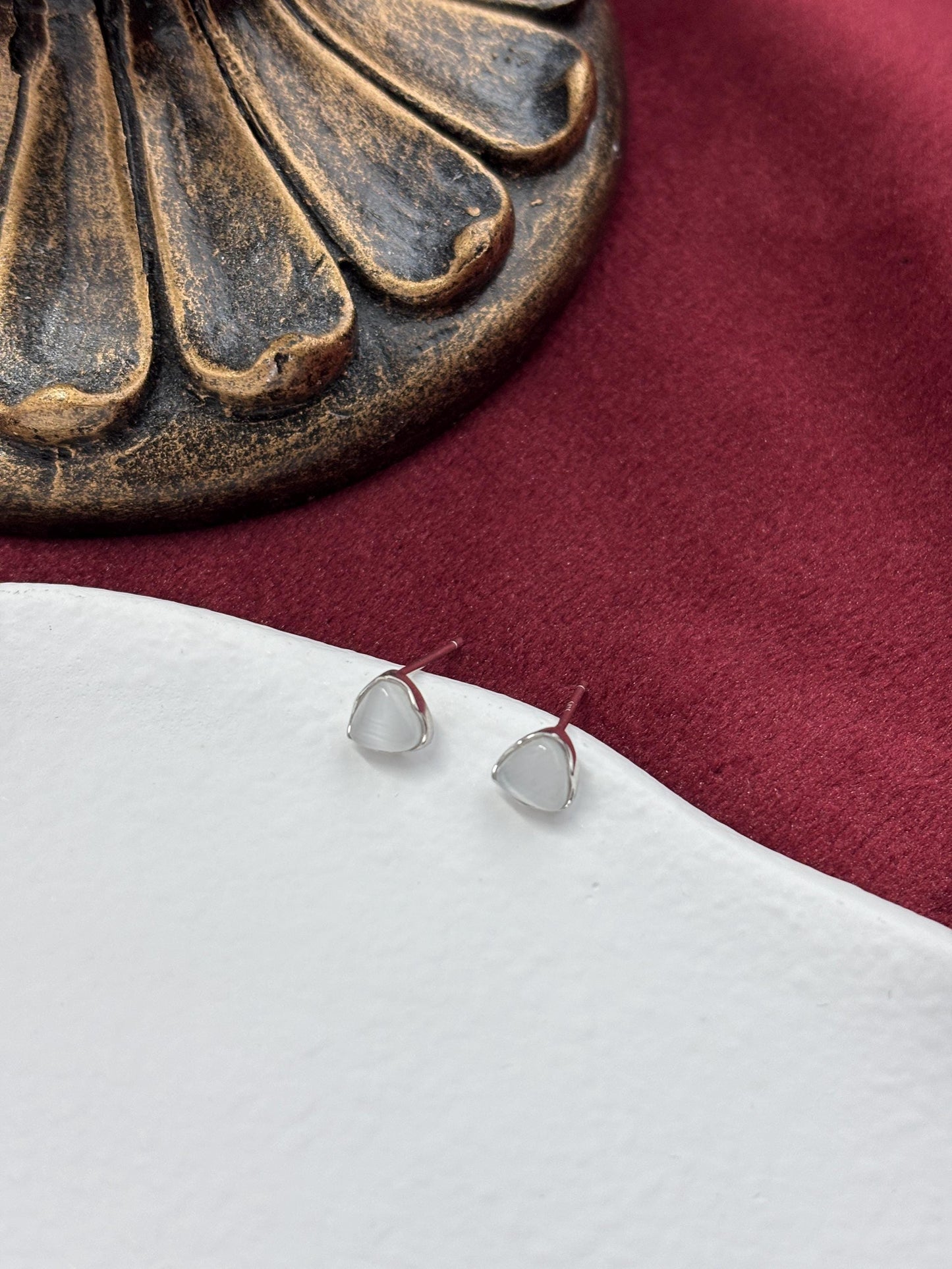 Dainty Opal Triangle Stud Earrings, Golden Quartz Cat's-eye Geometric Studs, 14K Gold Plated 925 Sterling Silver Jewellery, Daily Jewelry