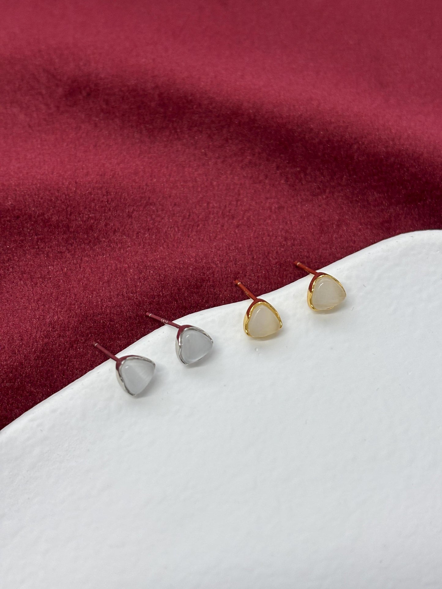 Dainty Opal Triangle Stud Earrings, Golden Quartz Cat's-eye Geometric Studs, 14K Gold Plated 925 Sterling Silver Jewellery, Daily Jewelry