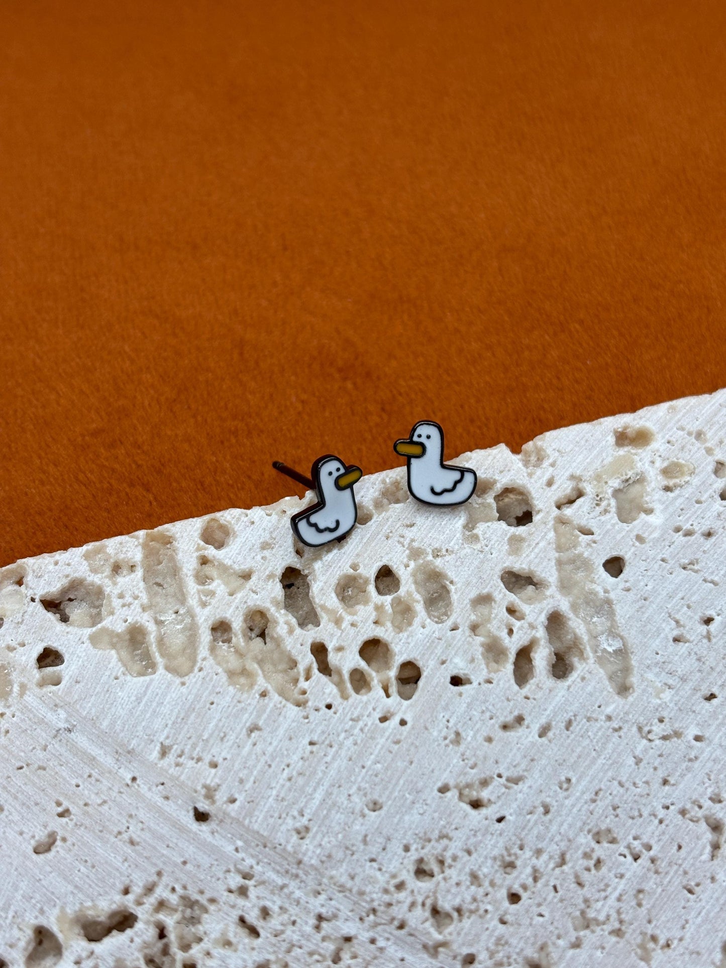 Mini Cute Duck Stud Earrings, Lovely Small Little Duck Studs, Cartoon Animated Duckling Jewellery, Gold Plated 925 Silver Animal Jewelry